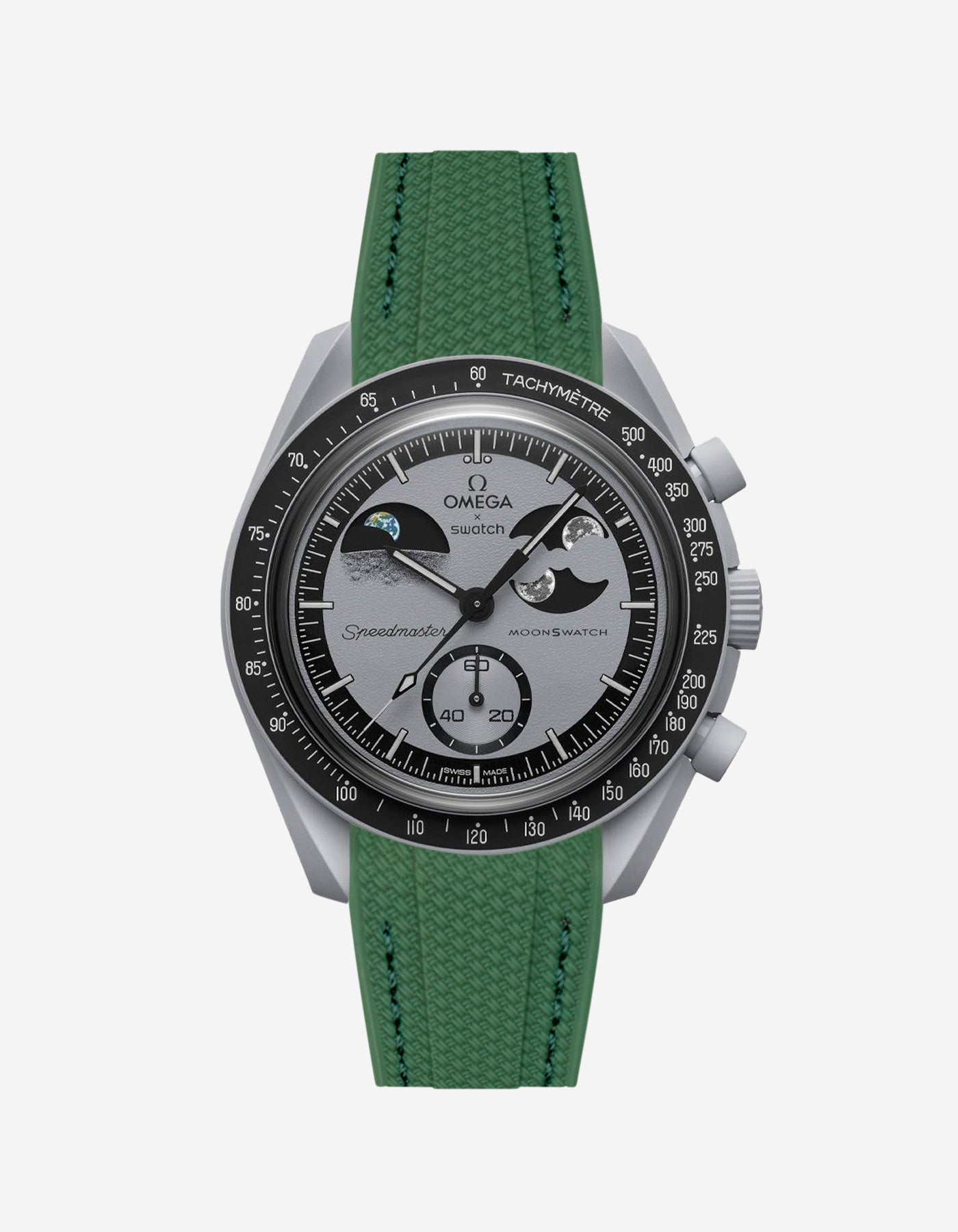 A green rubber watch strap with a stainless steel buckle, designed to fit the Omega X Swatch MoonSwatch Mission to the EarthPhase.
