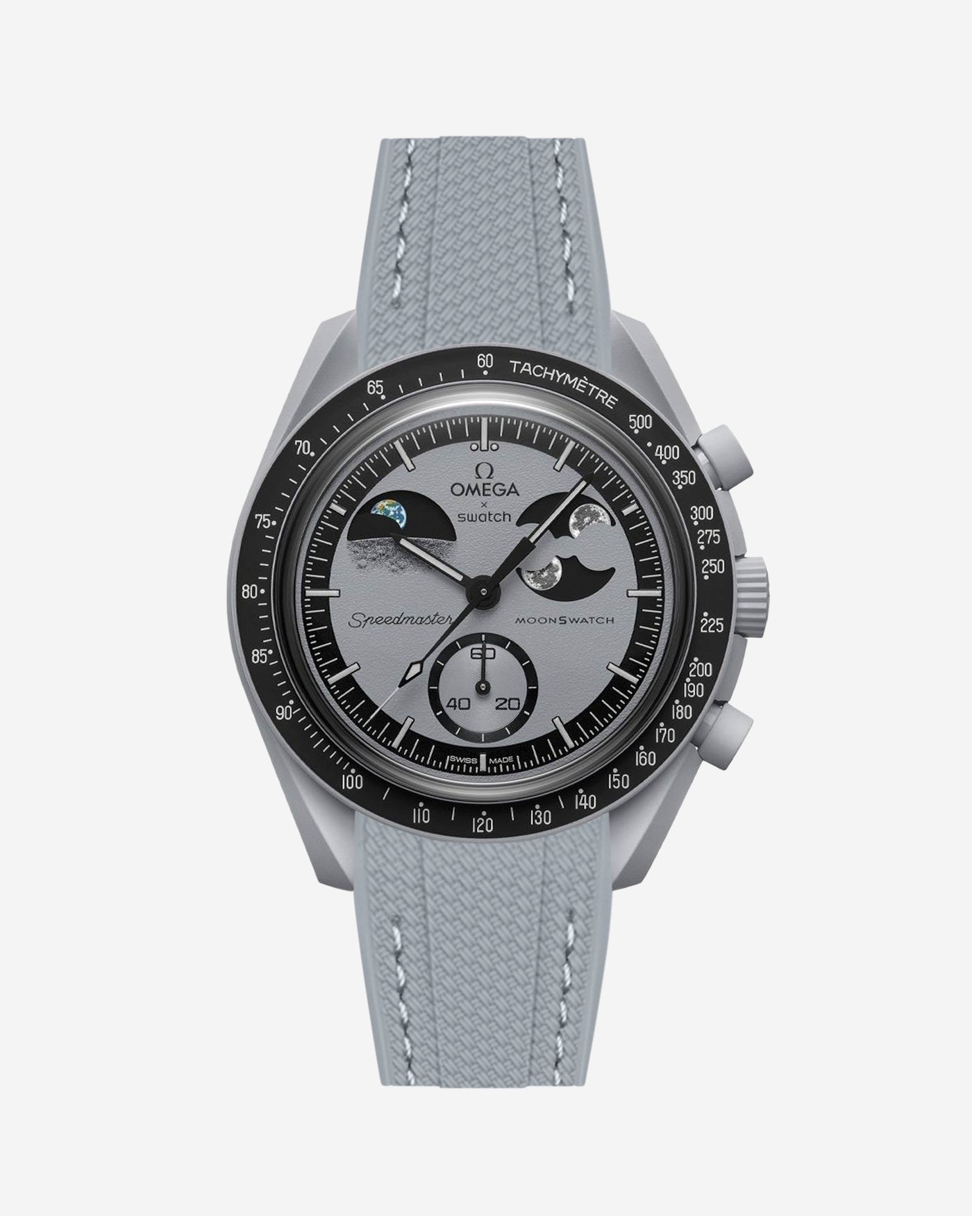 Dark grey vertech rubber watch strap on Omega X Swatch Earthphase