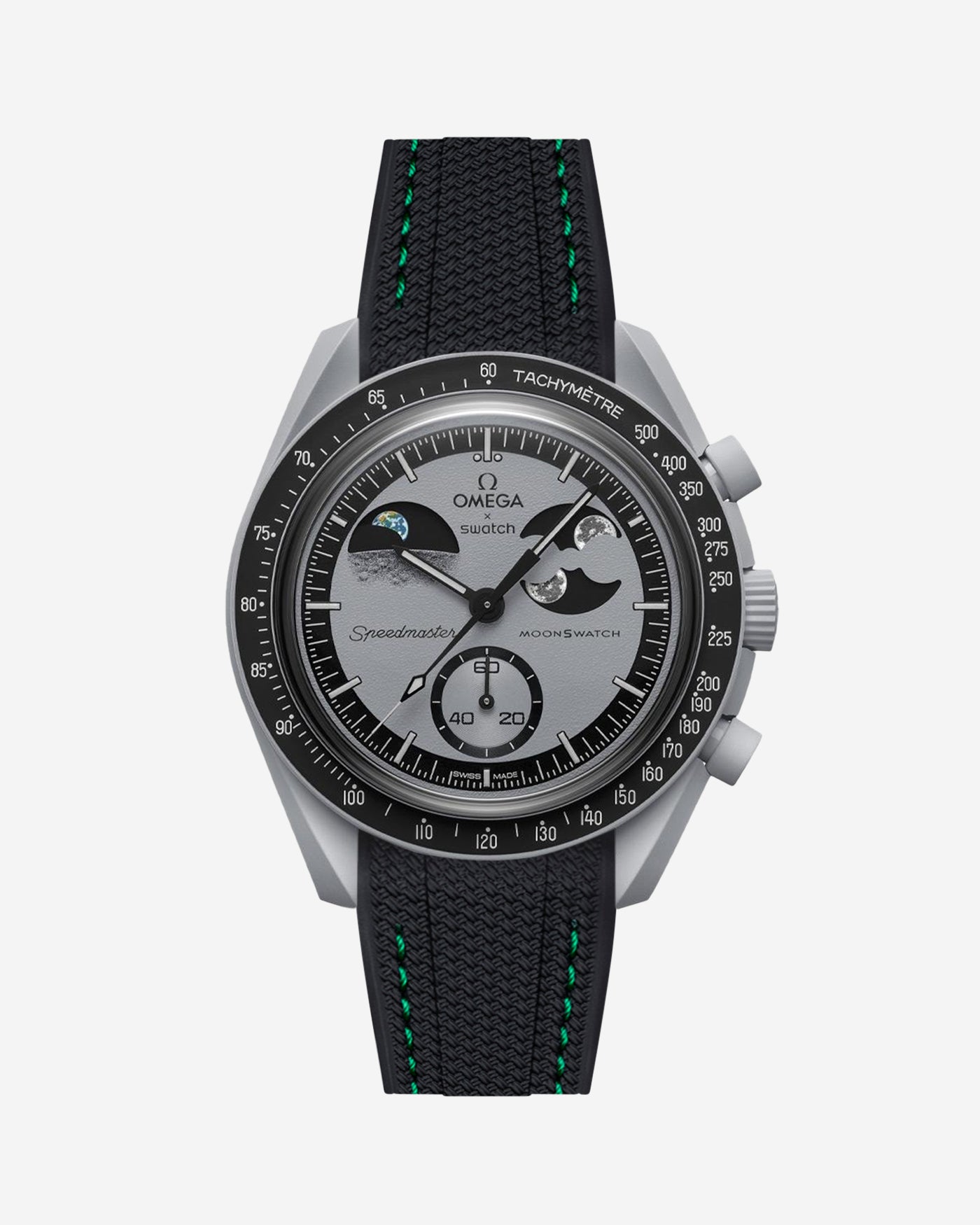 Black vertech rubber strap with green stitches Omega X Swatch MoonSwatch