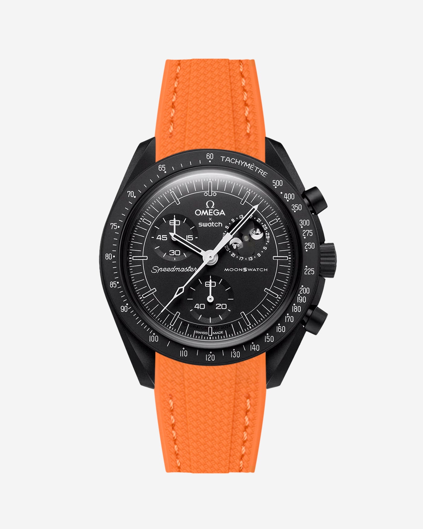 Black Omega X Swatch MoonSwatch Mission to The Moonphase - New Moon with a orange vertech rubber watch strap and a with detailed face on a white background
