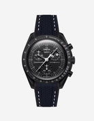 Black Omega X Swatch MoonSwatch Mission to The Moonphase - New Moon with a black vertech rubber watch strap and a with detailed face on a white background