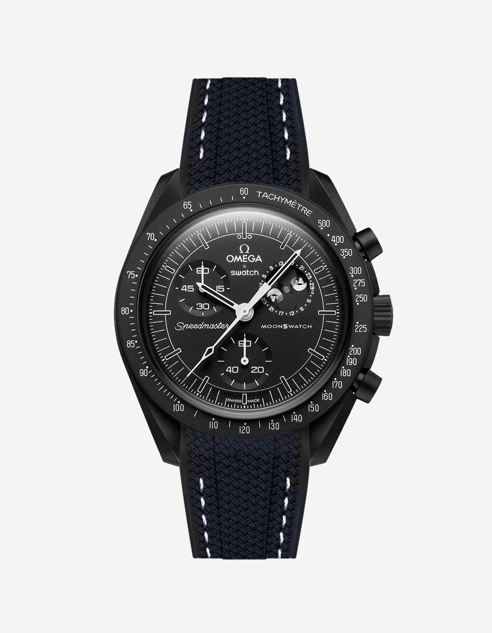 Black Omega X Swatch MoonSwatch Mission to The Moonphase - New Moon with a black vertech rubber watch strap and a with detailed face on a white background