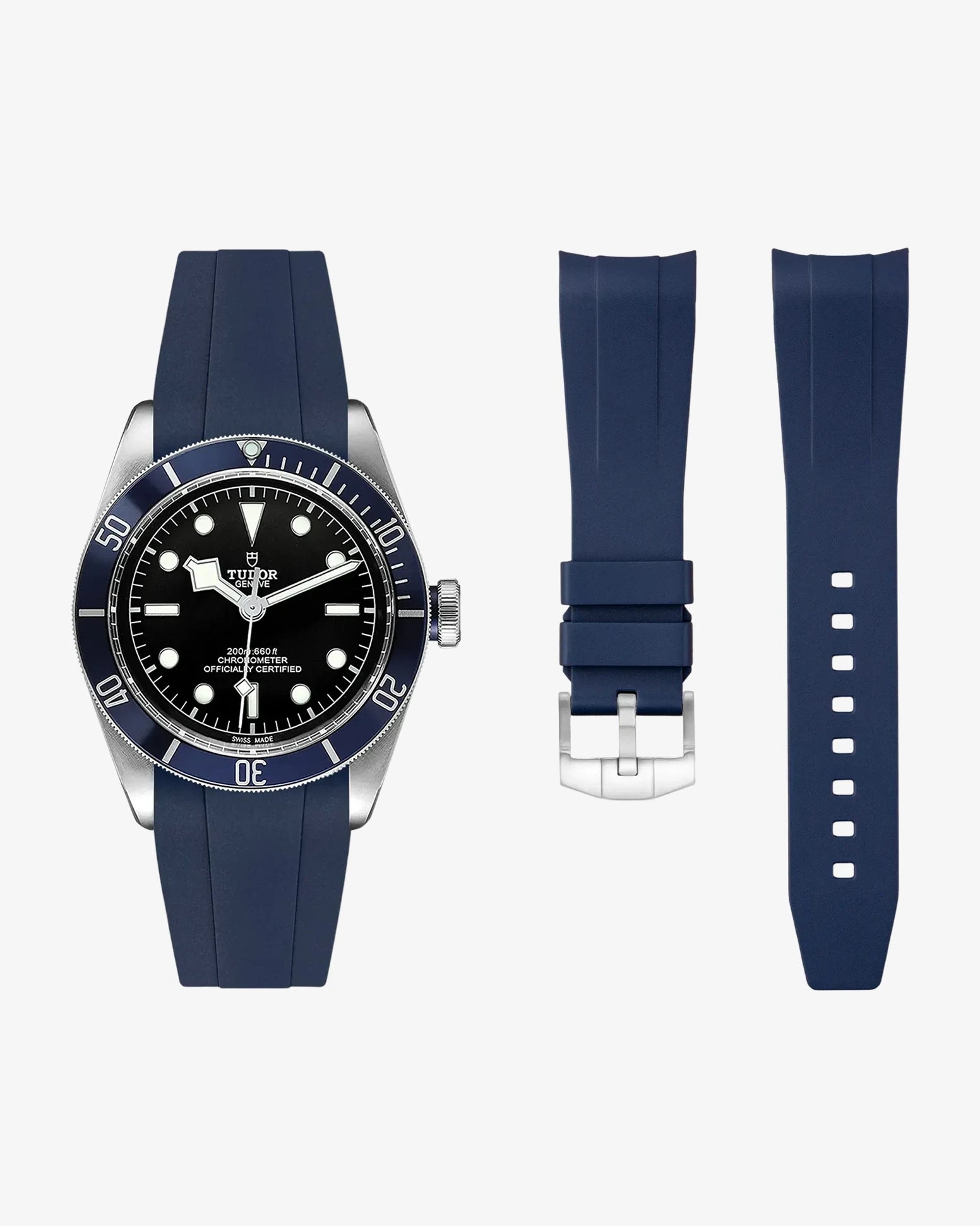 navy blue FKM tudor rubber watch strap with premium steel buckle on a light gray background with a Tudor BB41 watch in steel onthe side