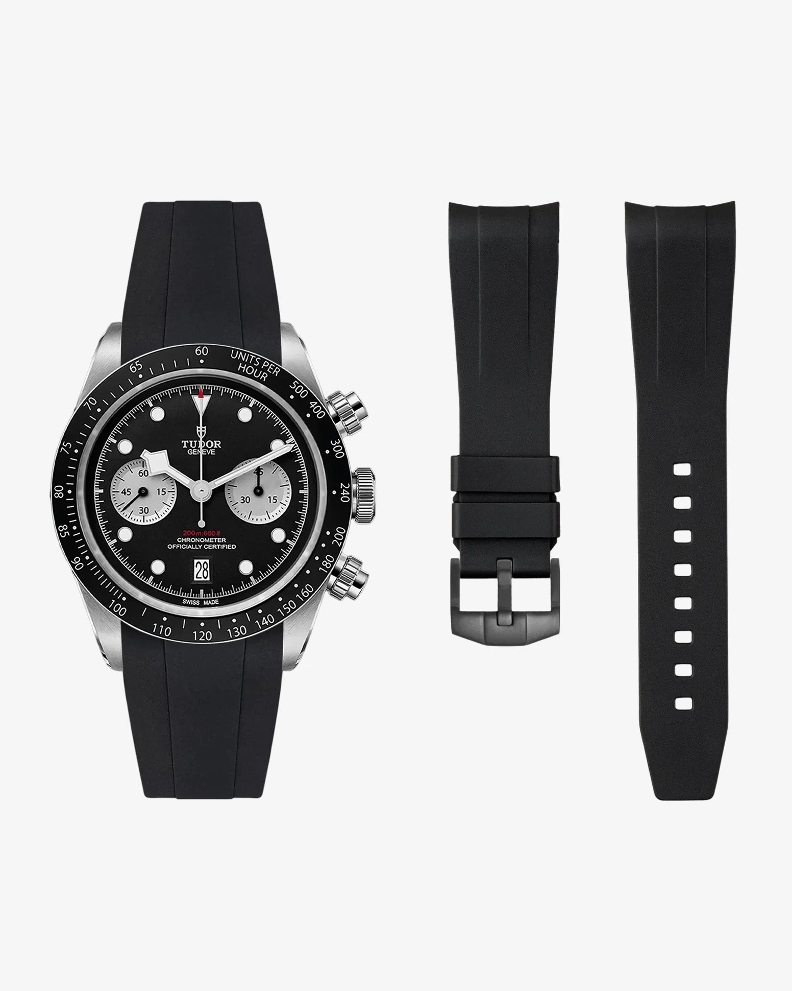 Black FKM tudor rubber watch strap with premium steel buckle on a light gray background and the tudor Chrono with black dial on the side