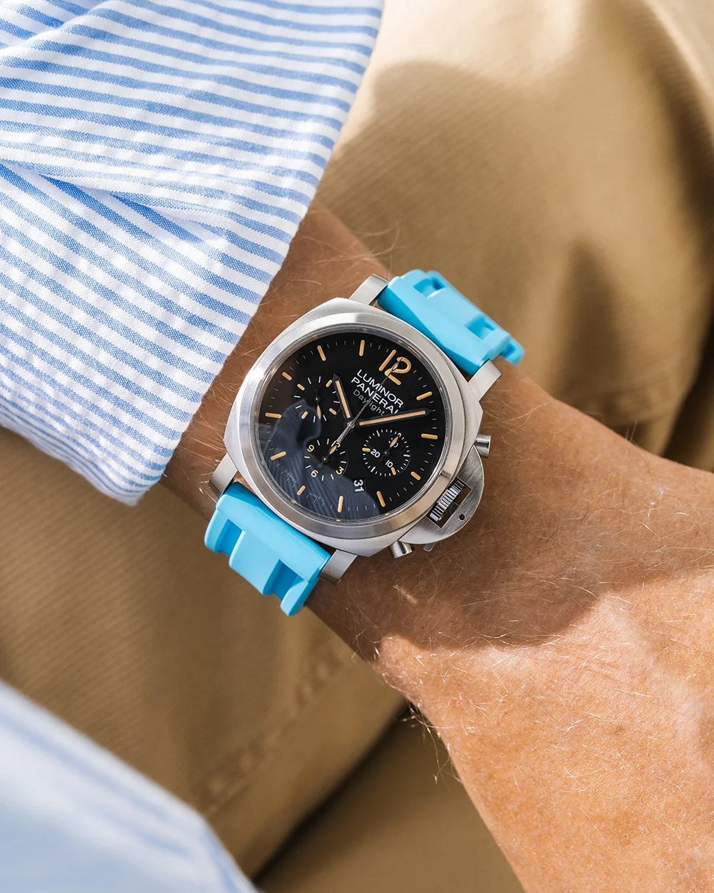 Turquoise Universal FKM Rubber Strap wrist shot on Panerai Luminor Daylight