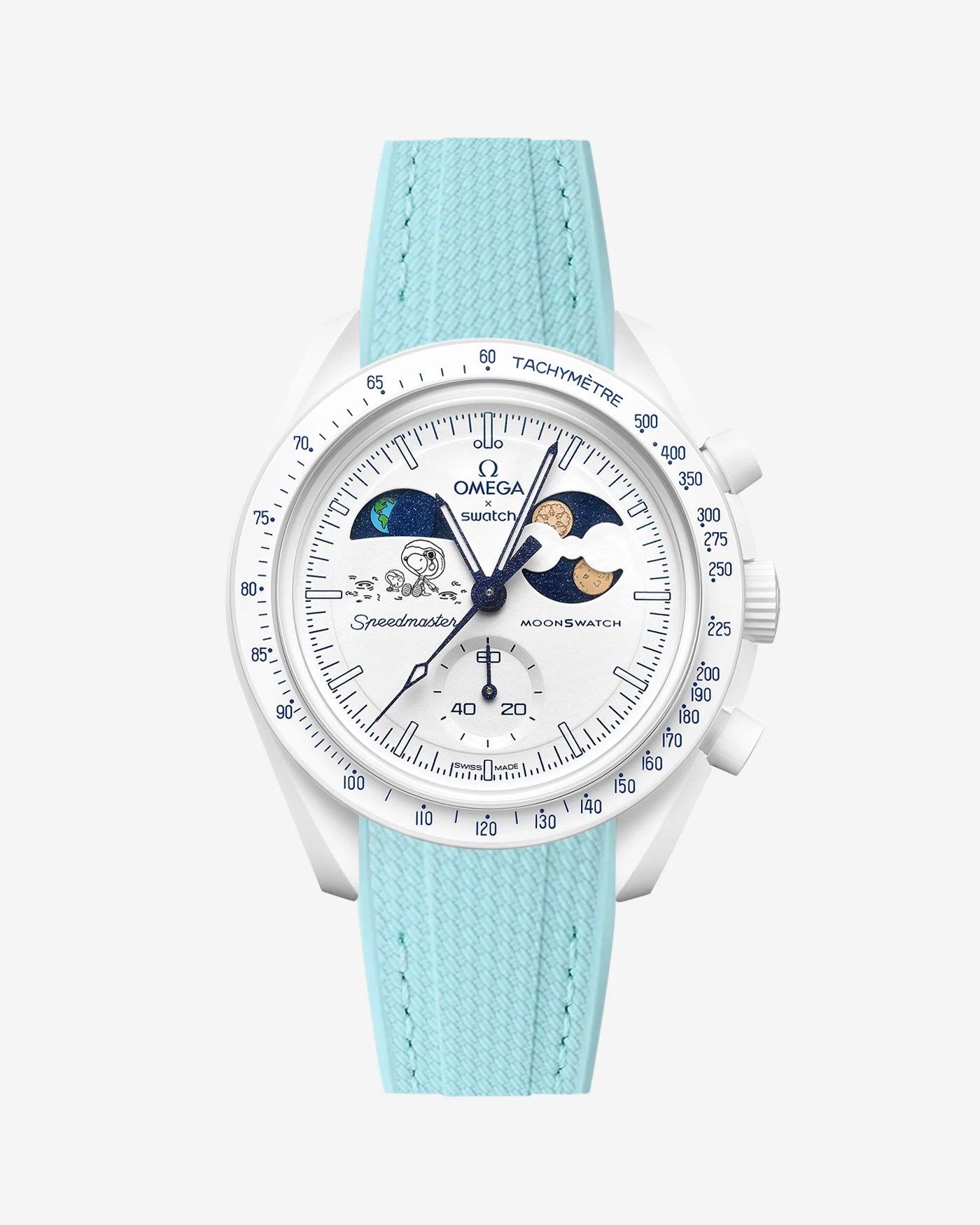 Turquoise Rubber Strap on Omega x Swatch MoonSwatch Mission To Earthphase - Moonshine Gold Cold Moon