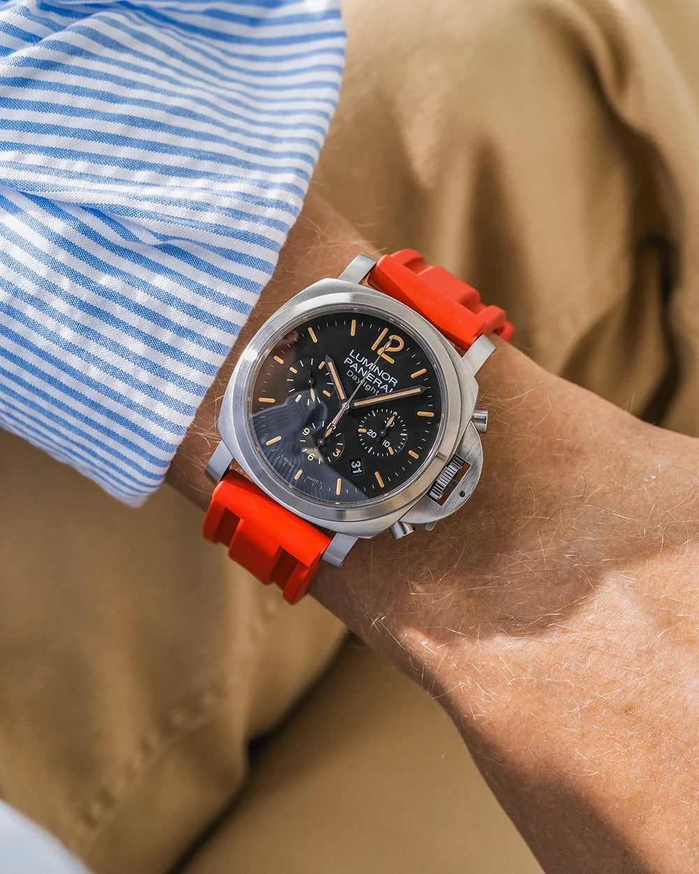Red Universal FKM Rubber Strap wrist shot on Panerai Luminor Daylight