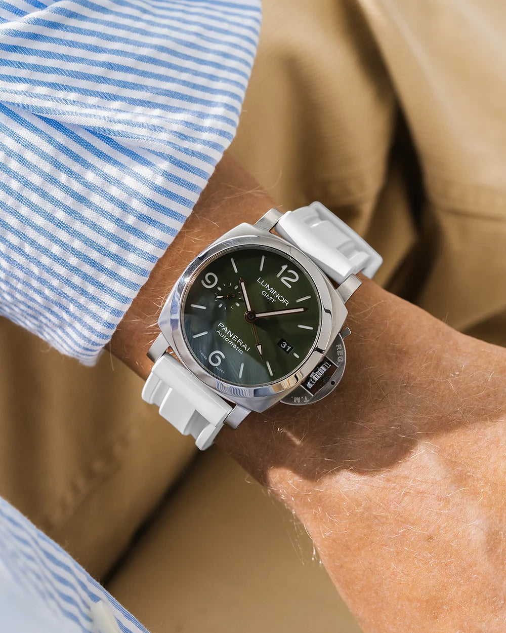 White Universal FKM Rubber Strap wrist shot on Panerai Luminor GMT