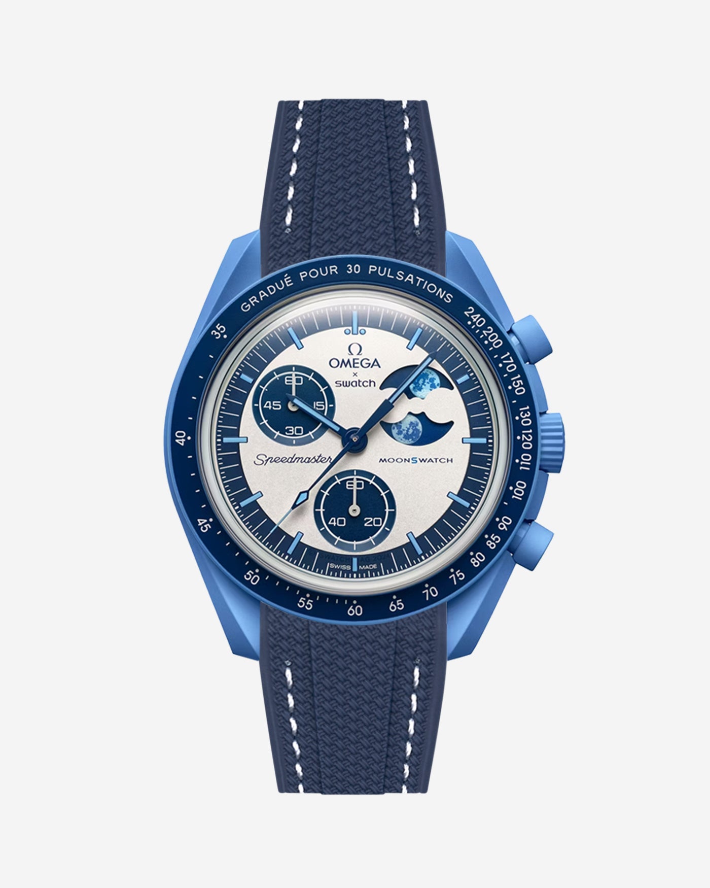 Blue Omega X Swatch MoonSwatch Mission to the Super Blue Moonphase with a navy blue vertech rubber watch strap and a with detailed face on a white background