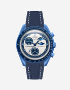 Blue Omega X Swatch MoonSwatch Mission to the Super Blue Moonphase with a navy blue vertech rubber watch strap and a with detailed face on a white background