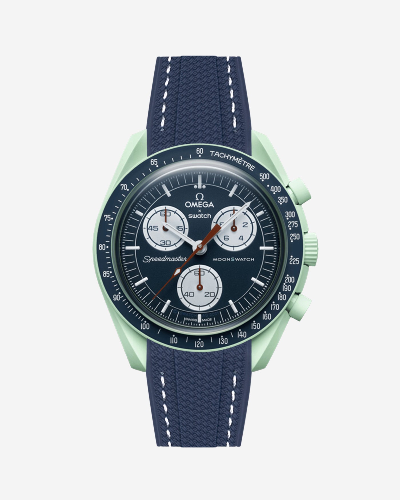 Omega X Swatch Mission on Earth watch with a blue vertech rubber watch strap and detailed face on a white background