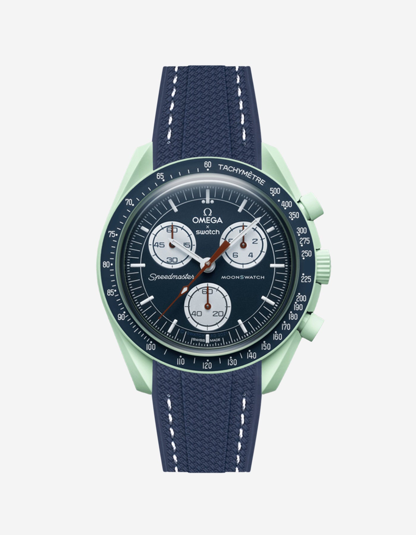 Omega X Swatch Mission on Earth watch with a blue vertech rubber watch strap and detailed face on a white background