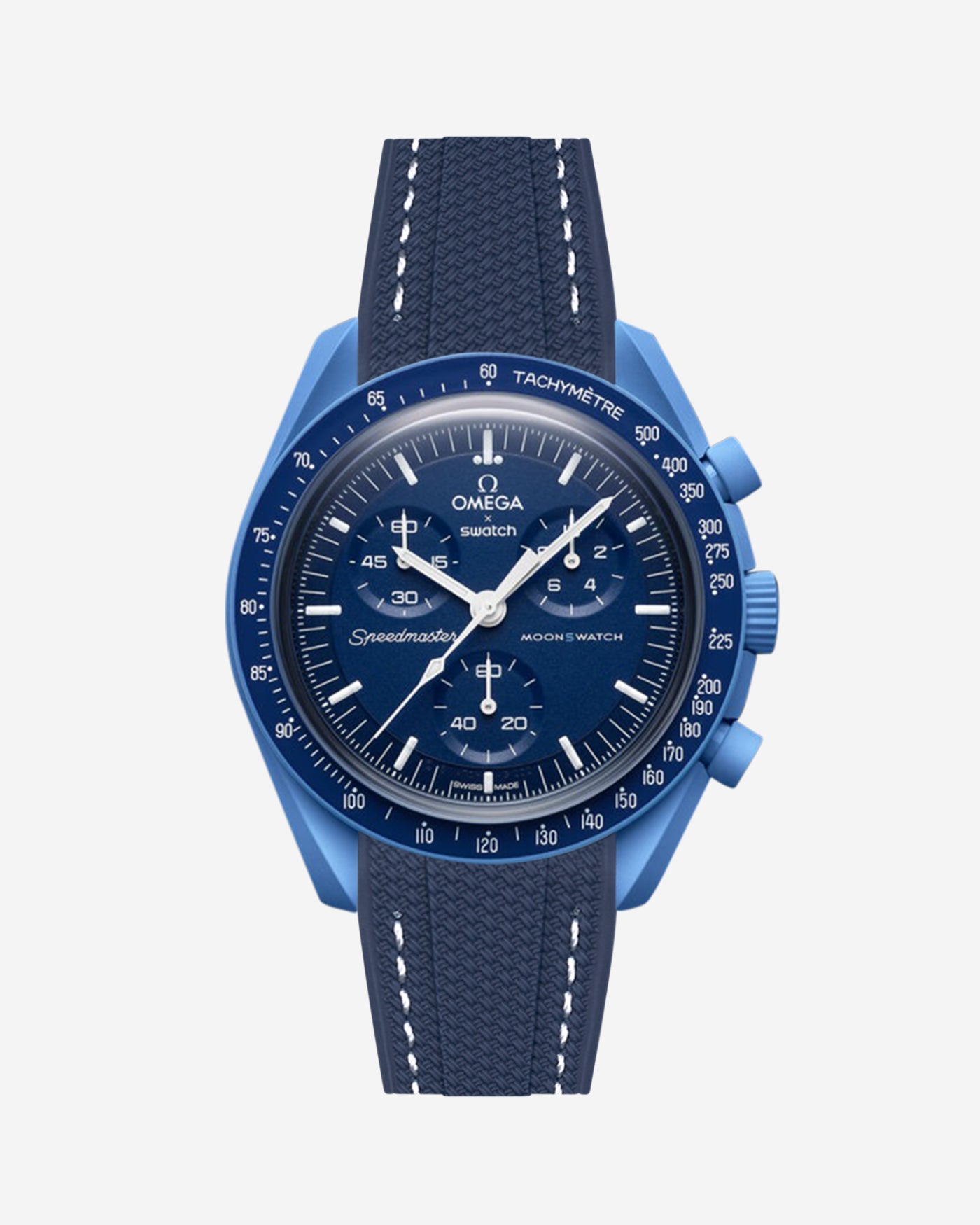 Omega X Swatch Neptune watch with a blue vertech rubber watch strap and detailed face on a white background