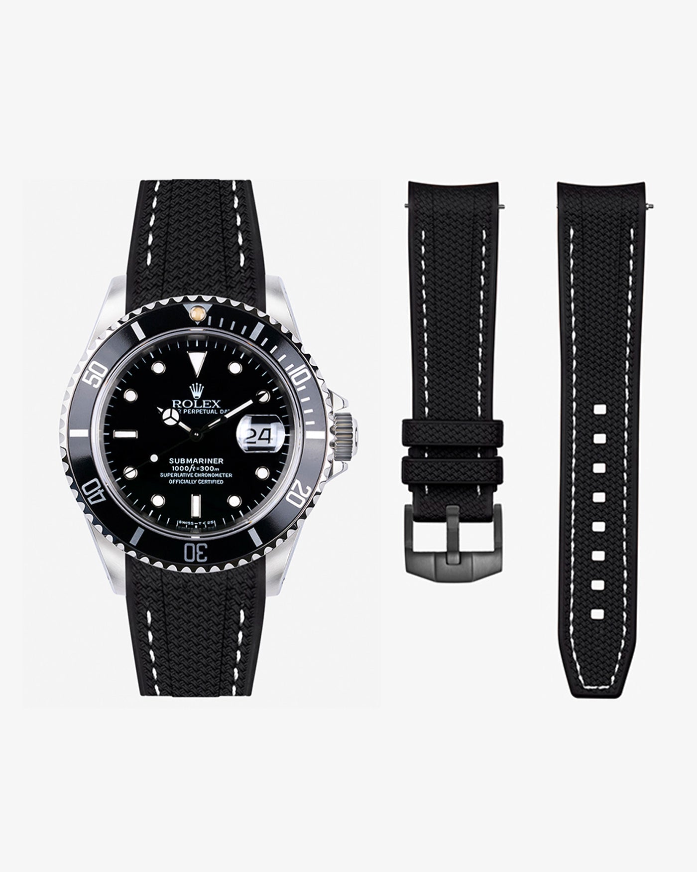 Rolex watch with black dial and rubber vertech strap on a white background togheter