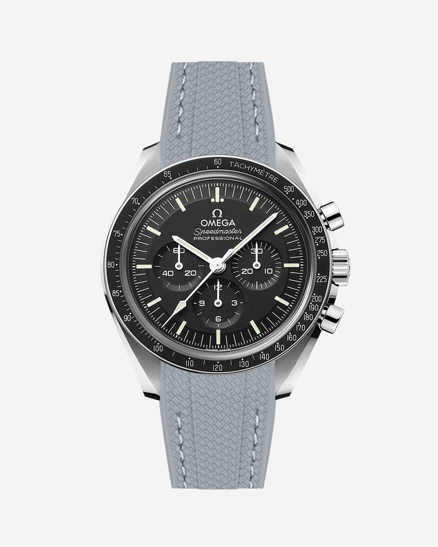 Black Omega Speedmaster watch with a dark grey vertech rubber watch strap from Wristbudyss and a detailed face on a white background