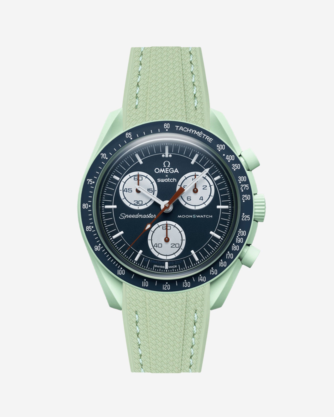Omega X Swatch Mission on Earth watch with a mint green vertech rubber watch strap and detailed face on a white background