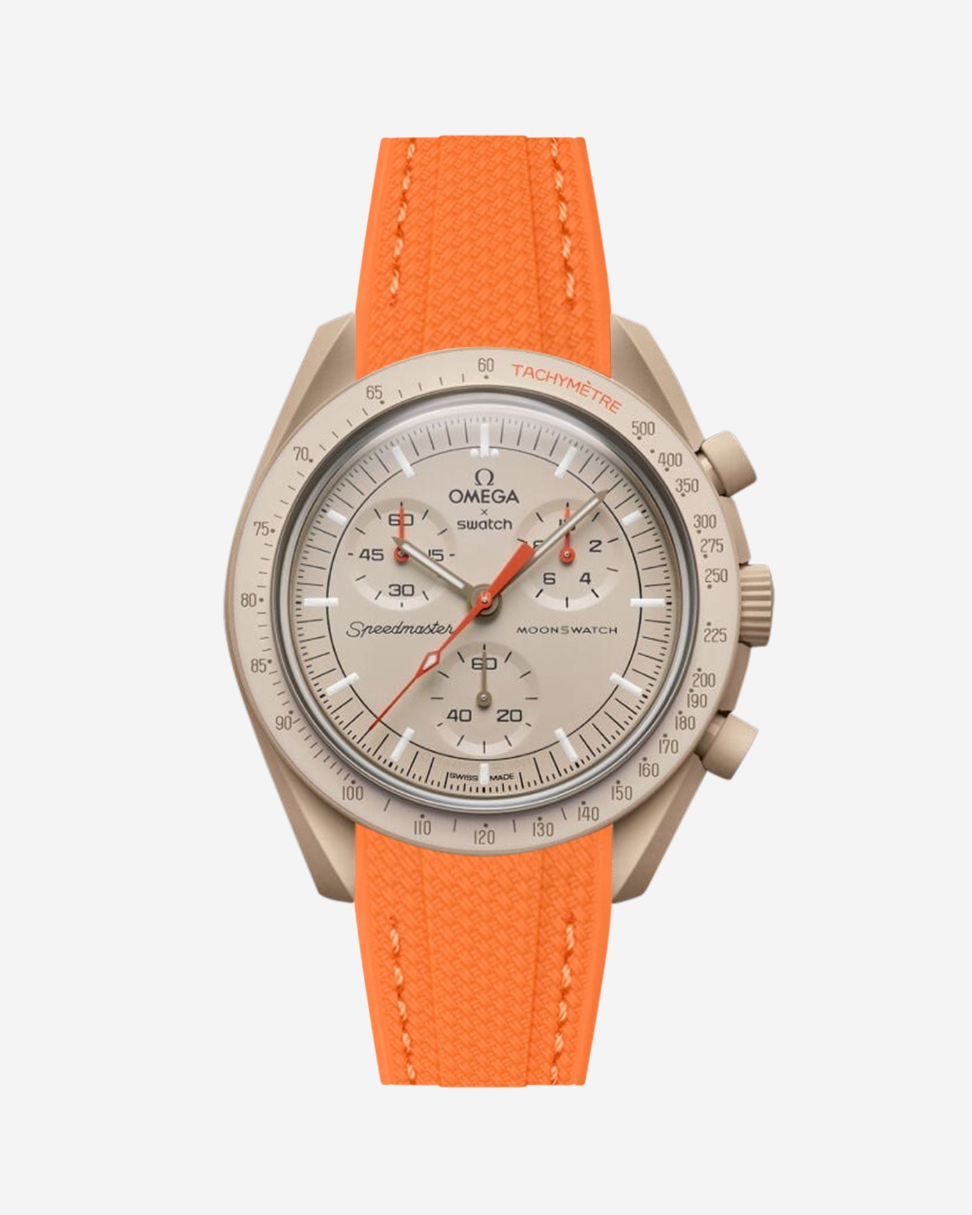 Omega X Swatch MoonSwatch watch with orange strap on a white background