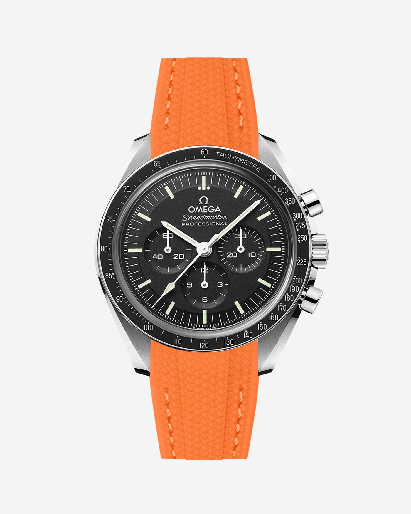 Black Omega Speedmaster watch with a orange vertech rubber watch strap from Wristbudyss and a detailed face on a white background