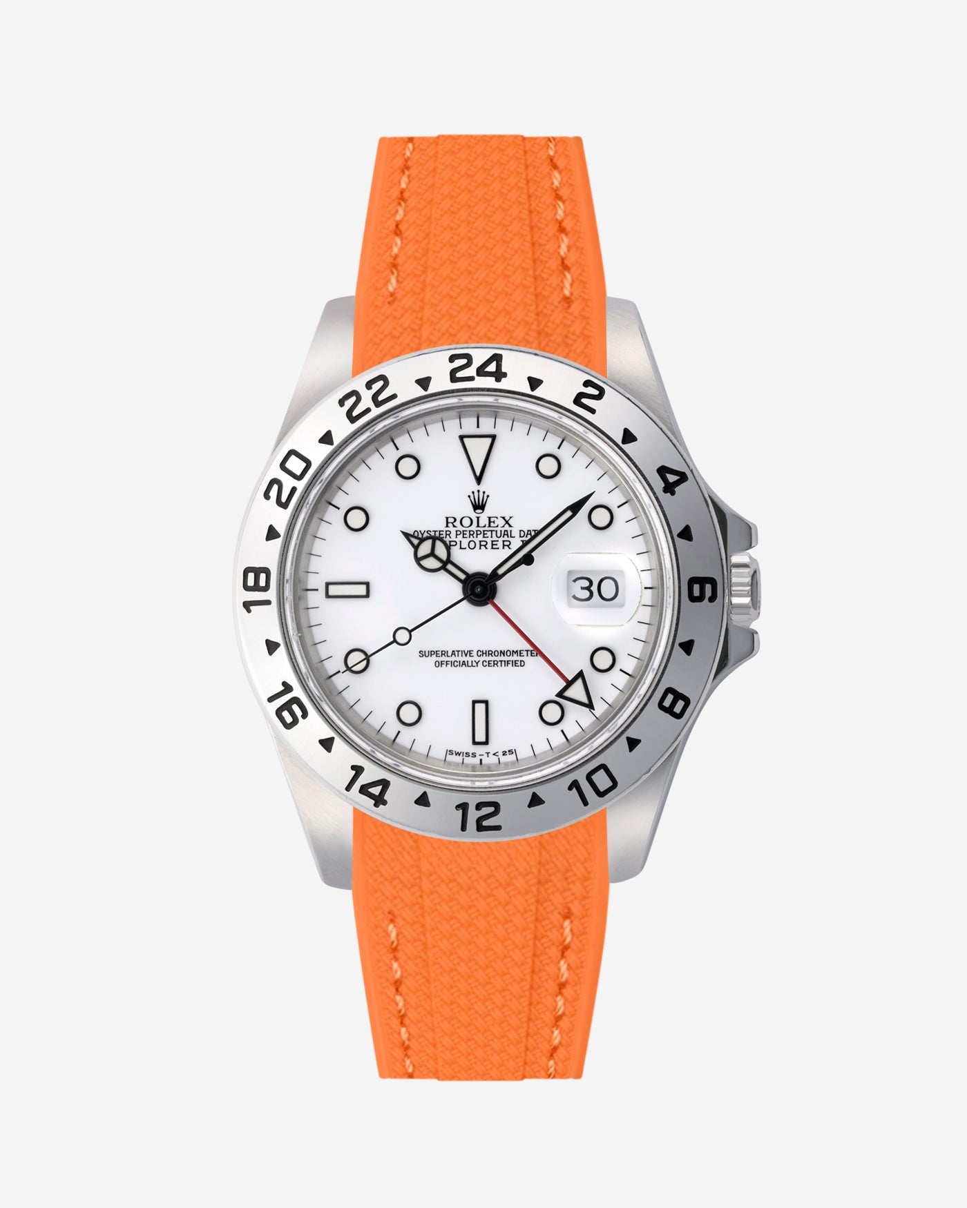 Rolex Explorer 16570 watch with white dial and on a orange vertech rubber watch strap with gray background