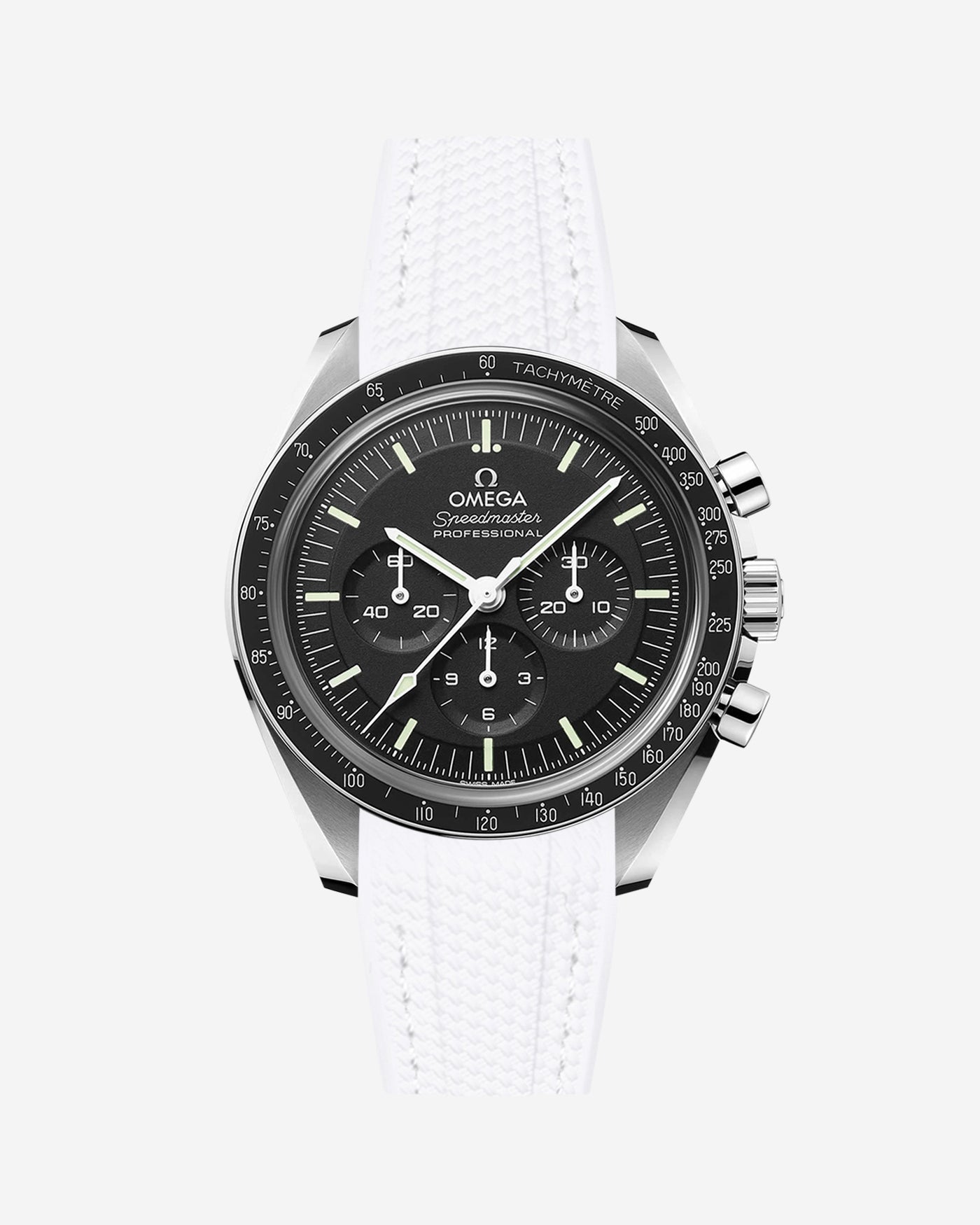 Black Omega Speedmaster watch with a white vertech rubber watch strap from Wristbudyss and a detailed face on a white background