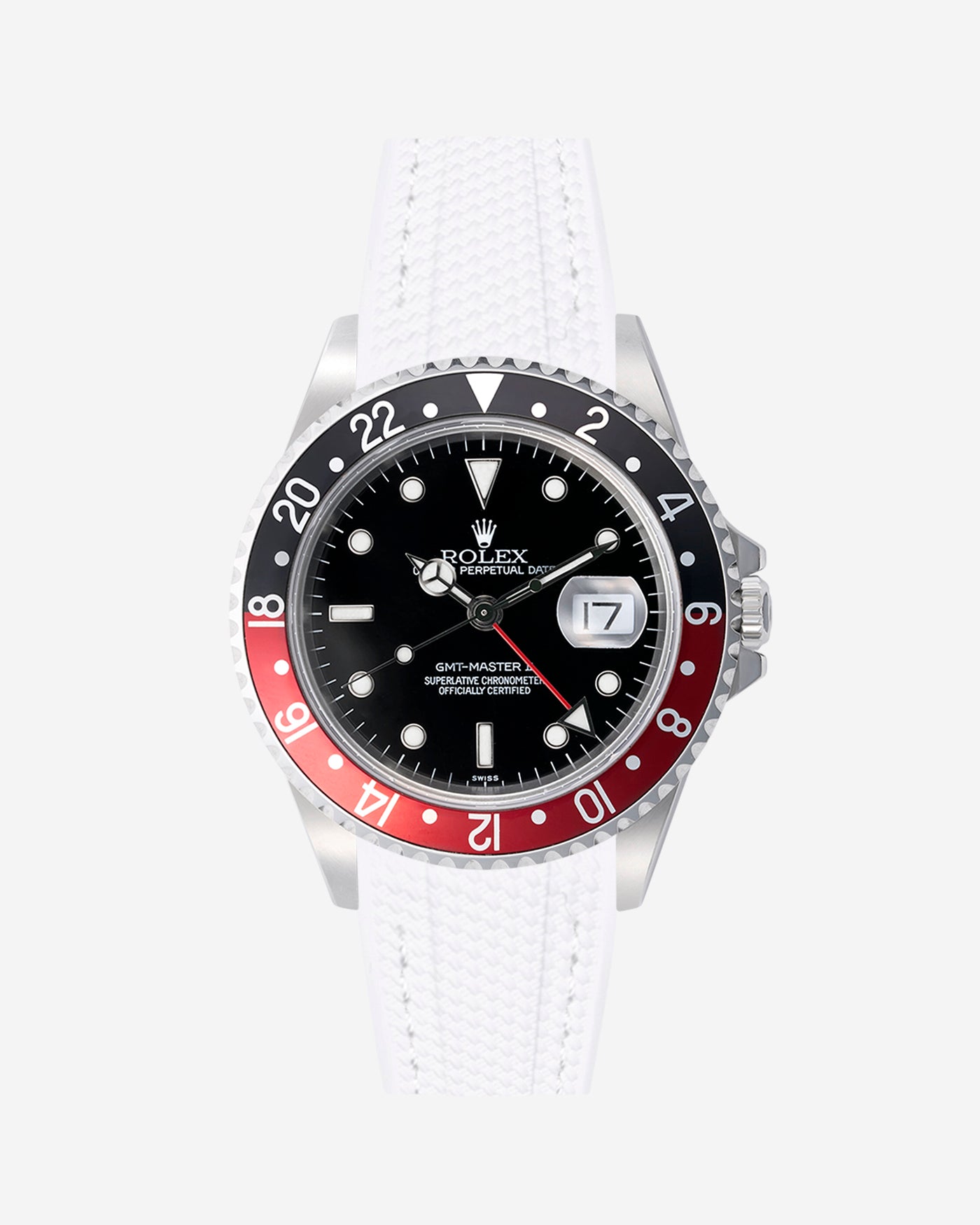 Rolex GMT Master 2 watch with white and white stitches rubber vertech strap and black dial on a white background