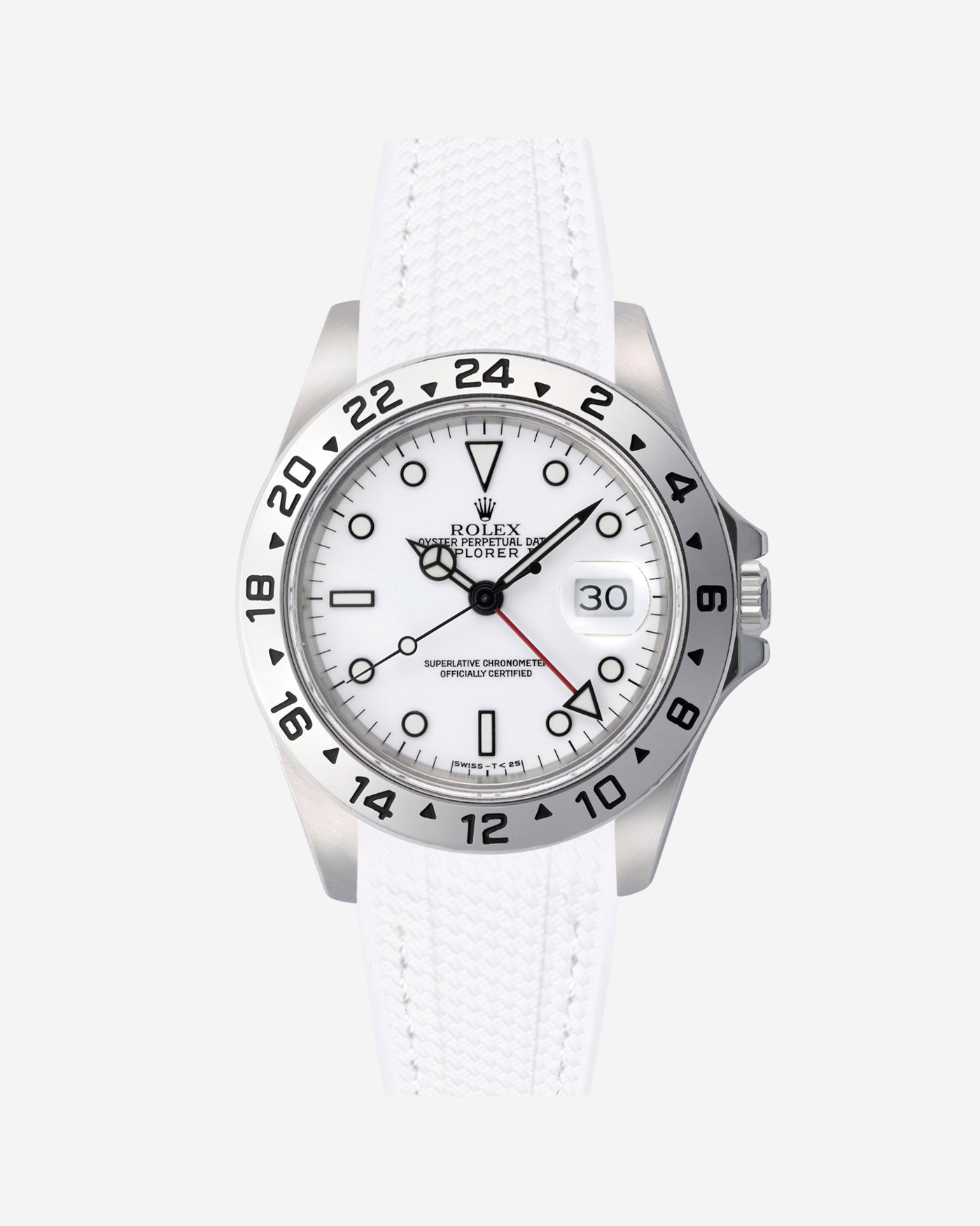 Rolex Explorer 16570 watch with white dial and on a white vertech rubber watch strap with gray background