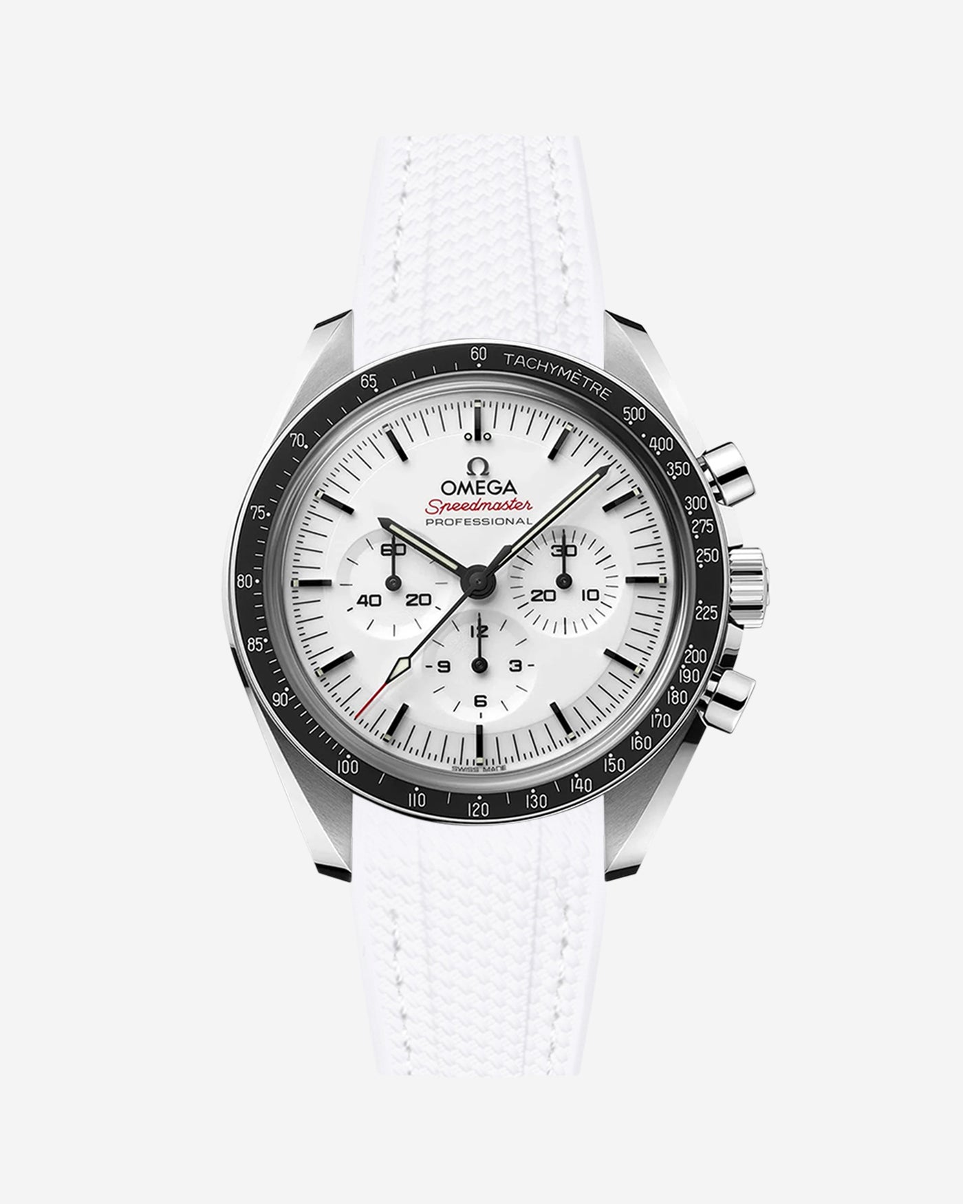 Omega Speedmaster watch with white vertech rubbber watch strap from Wristbuddys and white dial on a white background