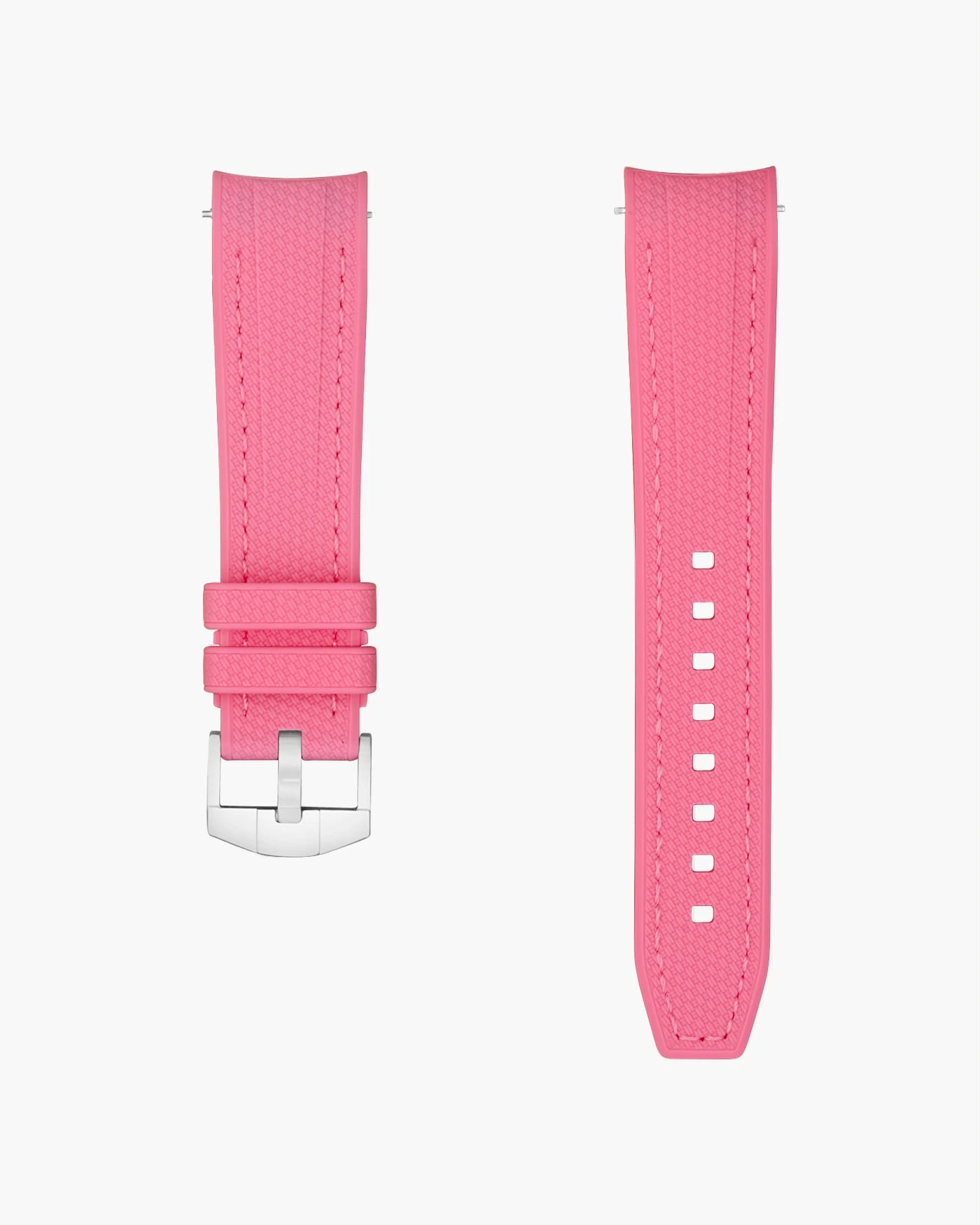 Pink watch strap with silver buckle on a white background