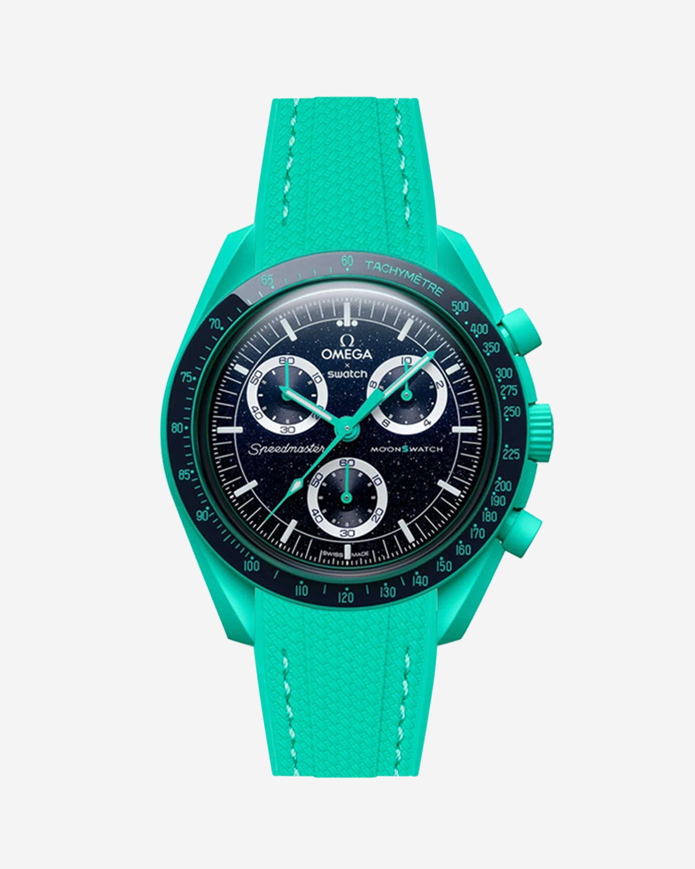 Omega X Swatch watch with green strap and green bezel on a white background