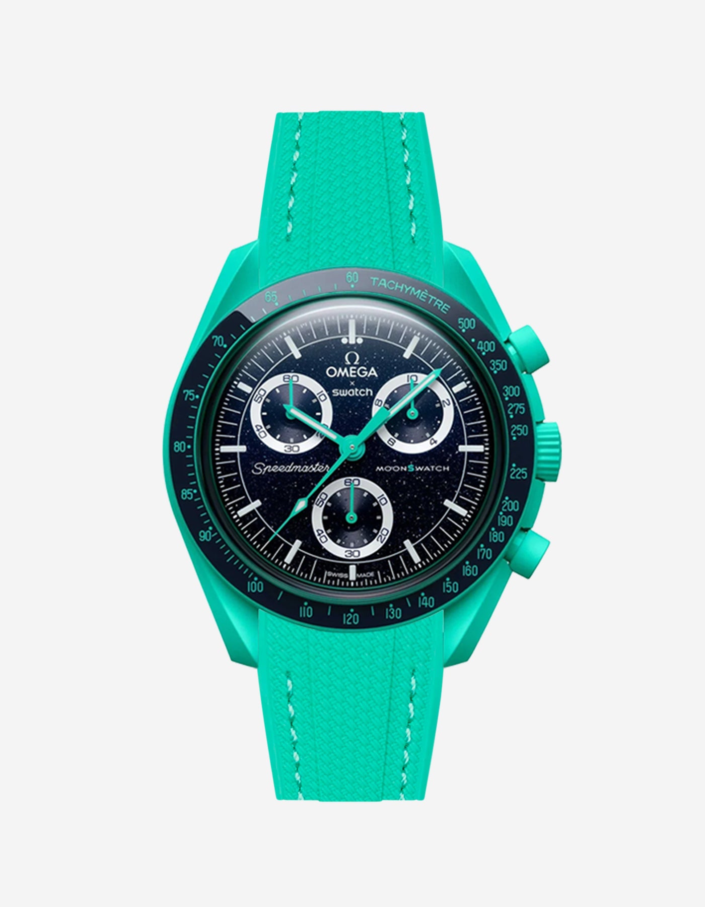 Omega X Swatch watch with green strap and green bezel on a white background