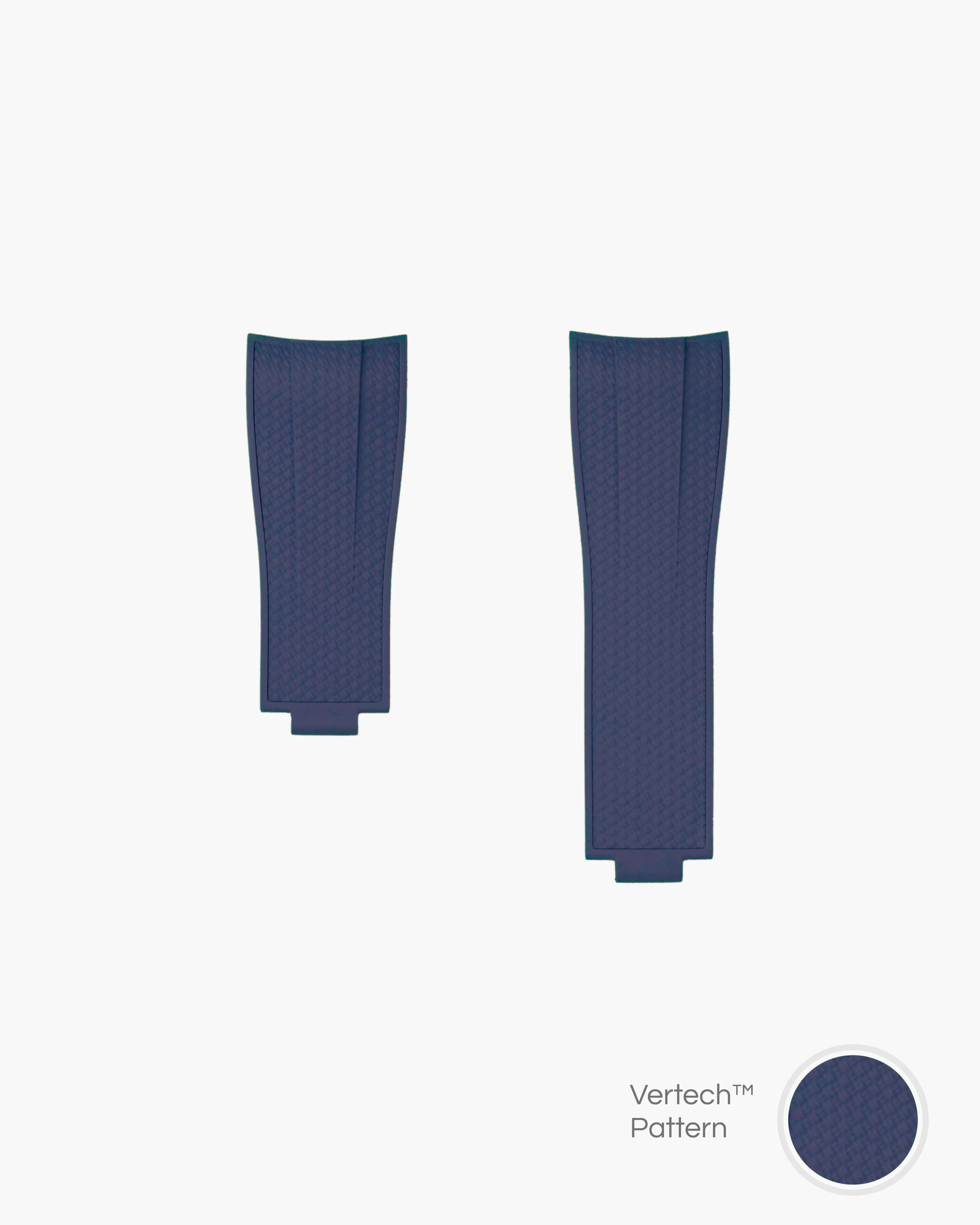 Navy blue vertech FKM Rubber watch Strap from Wristbuddys with an Integrated with Original Clasp for Rolex on a white background and material pattern showing