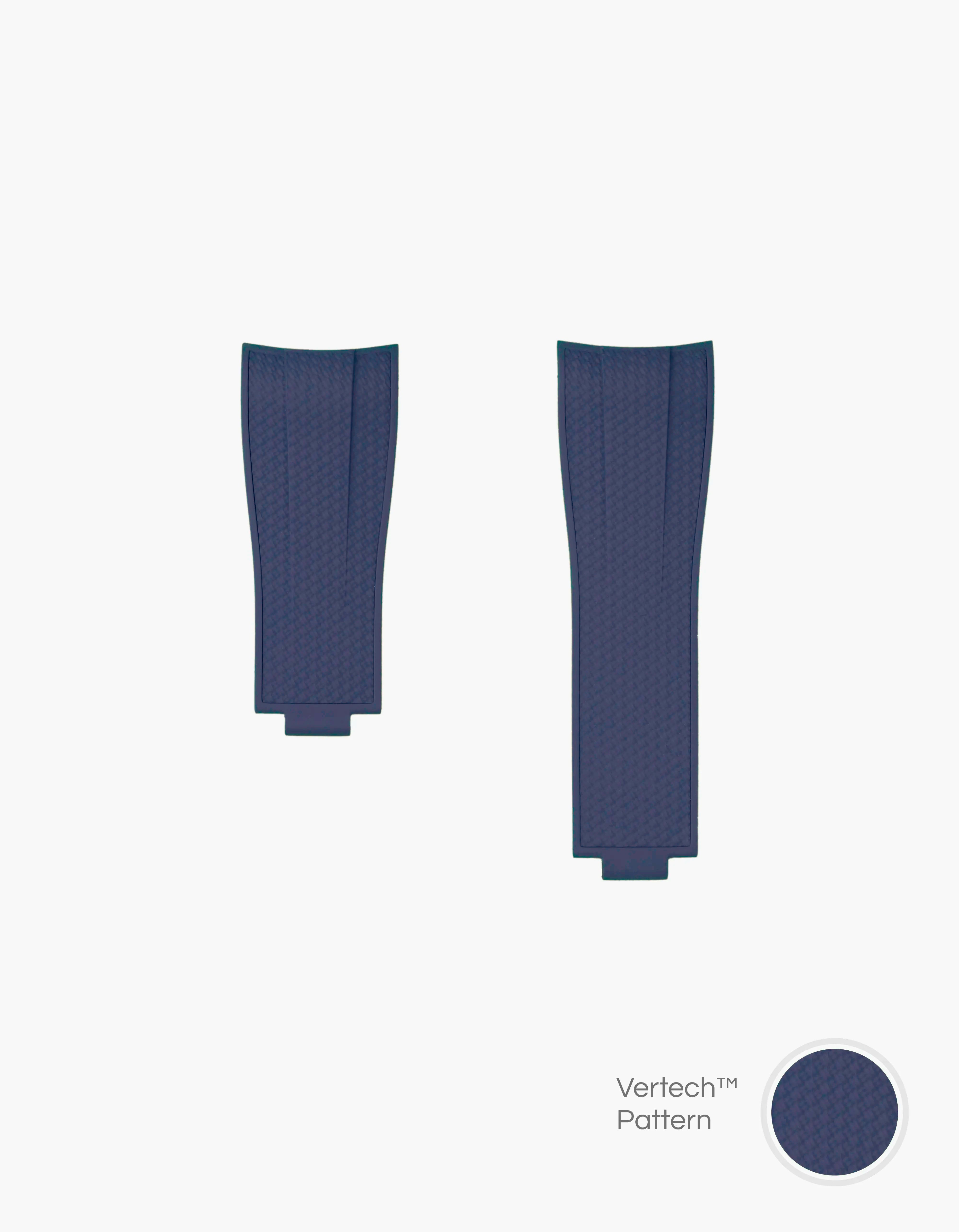 Navy blue vertech FKM Rubber watch Strap from Wristbuddys with an Integrated with Original Clasp for Rolex on a white background and material pattern showing