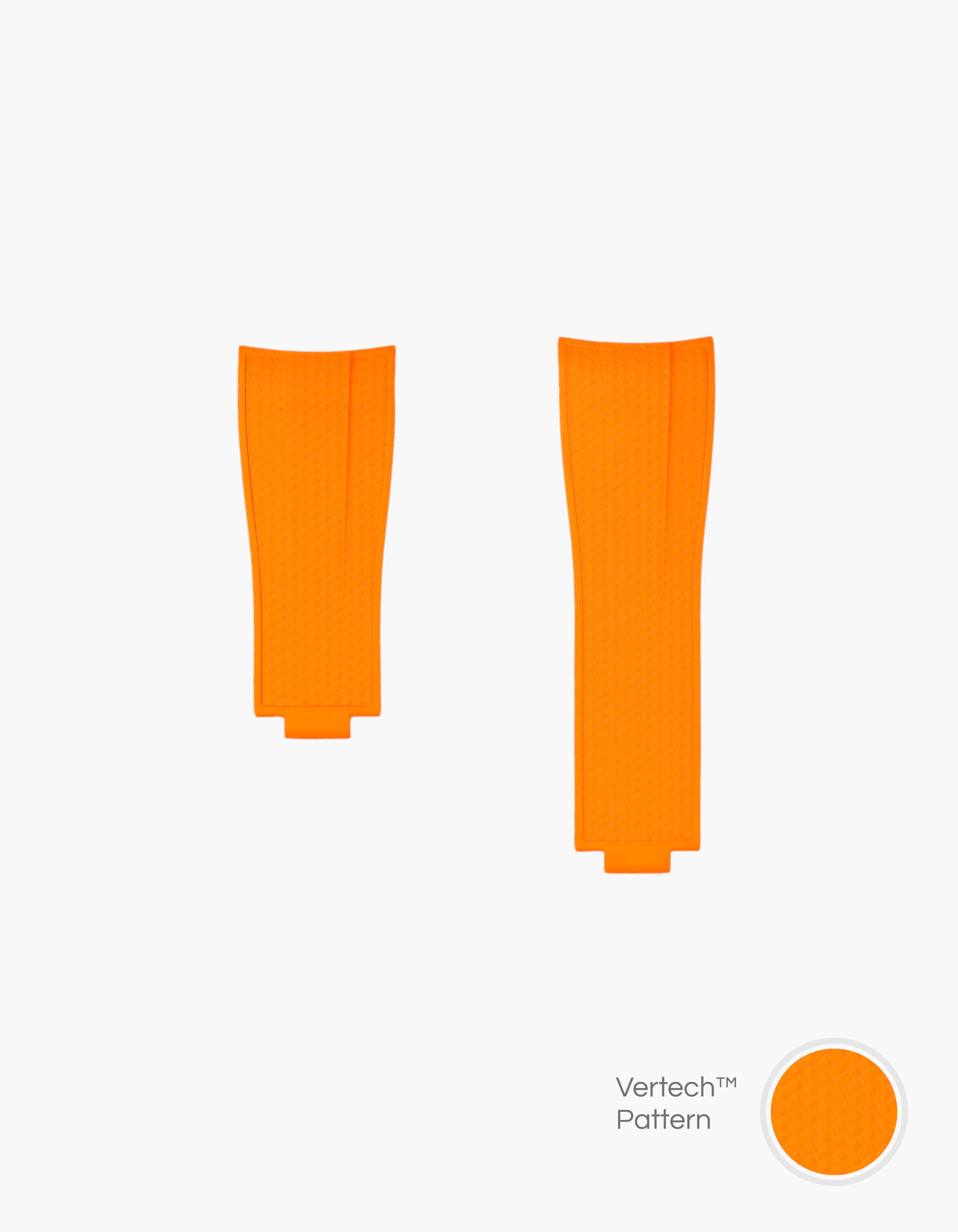 orange vertech FKM Rubber watch Strap from Wristbuddys with an Integrated with Original Clasp for Rolex on a white background and material pattern showing