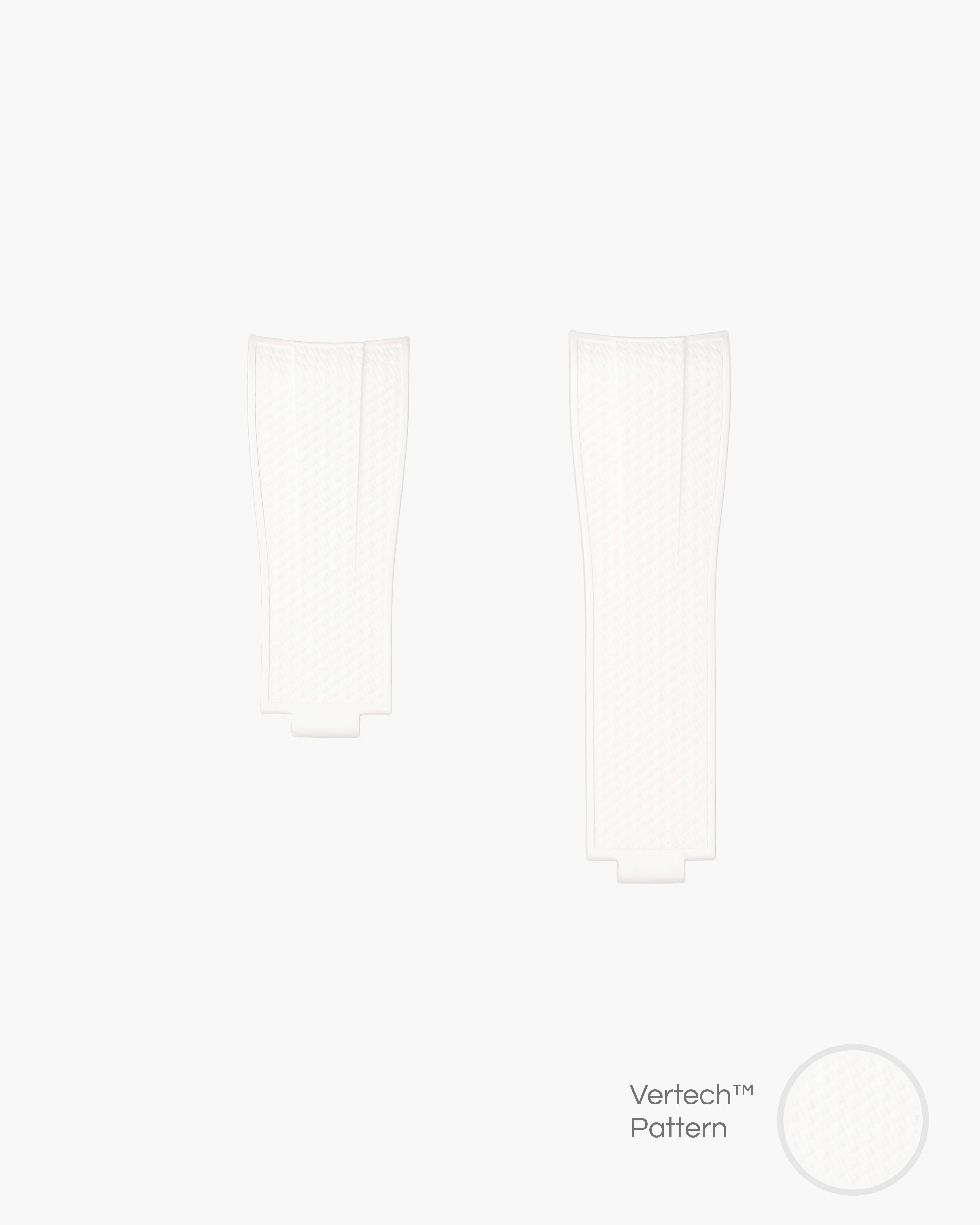 white vertech FKM Rubber watch Strap from Wristbuddys with an Integrated with Original Clasp for Rolex on a white background and material pattern showing