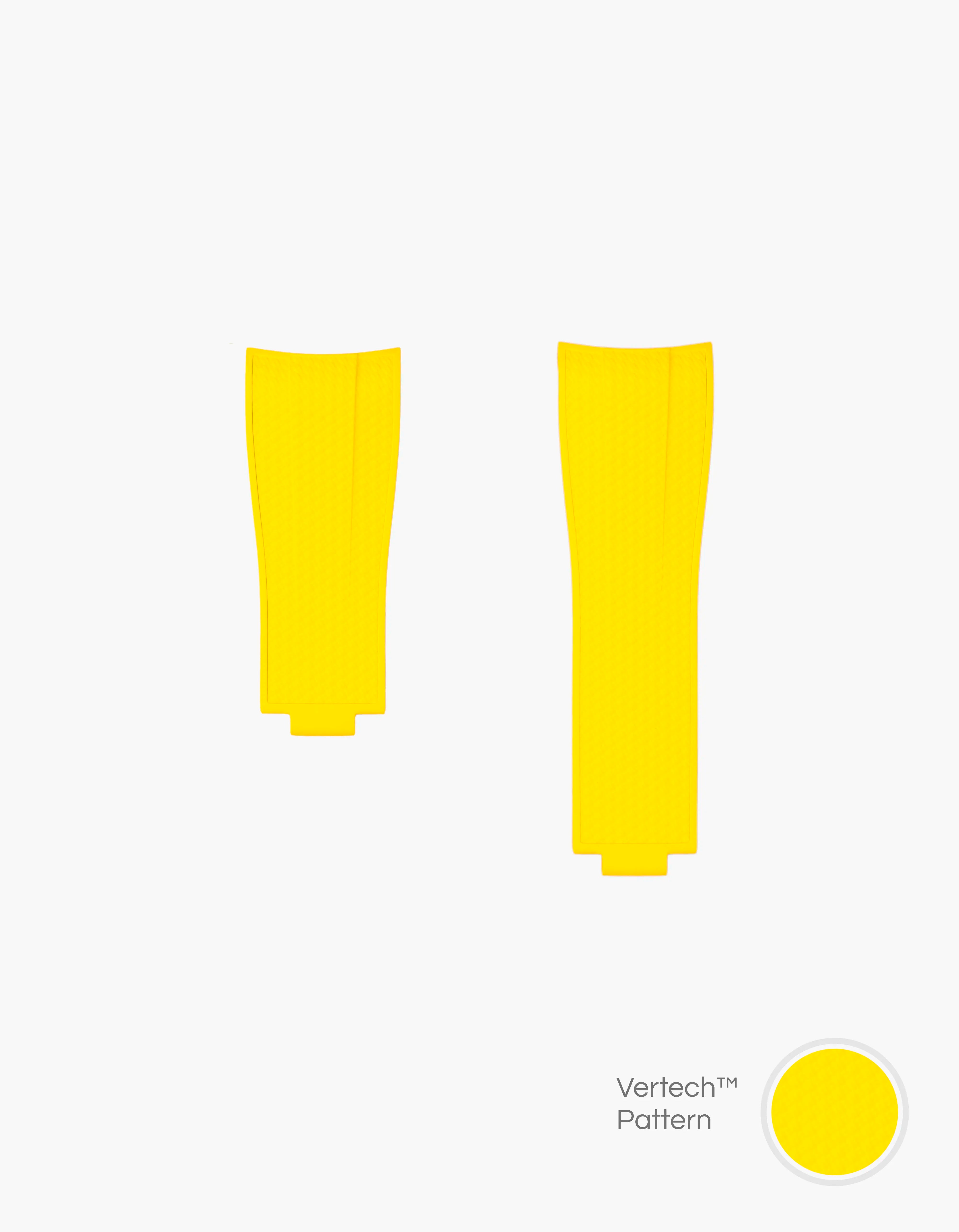 yellow vertech FKM Rubber watch Strap from Wristbuddys with an Integrated with Original Clasp for Rolex on a white background and material pattern showing