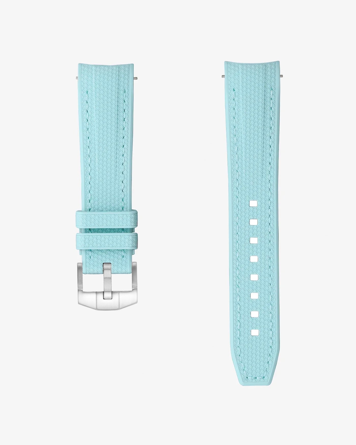 Light blue watch strap with silver buckle on a white background