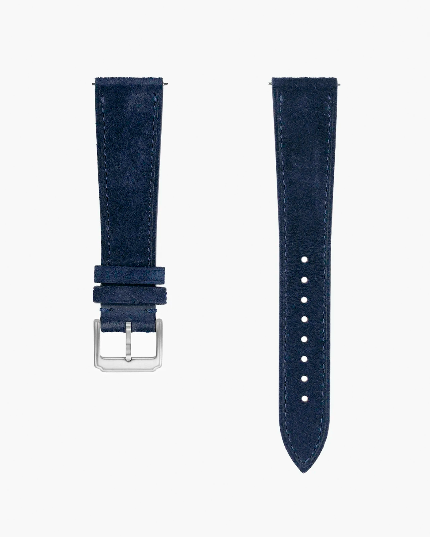 navy blue Suede wristbuddys leather watch strap with silver buckle on a white background