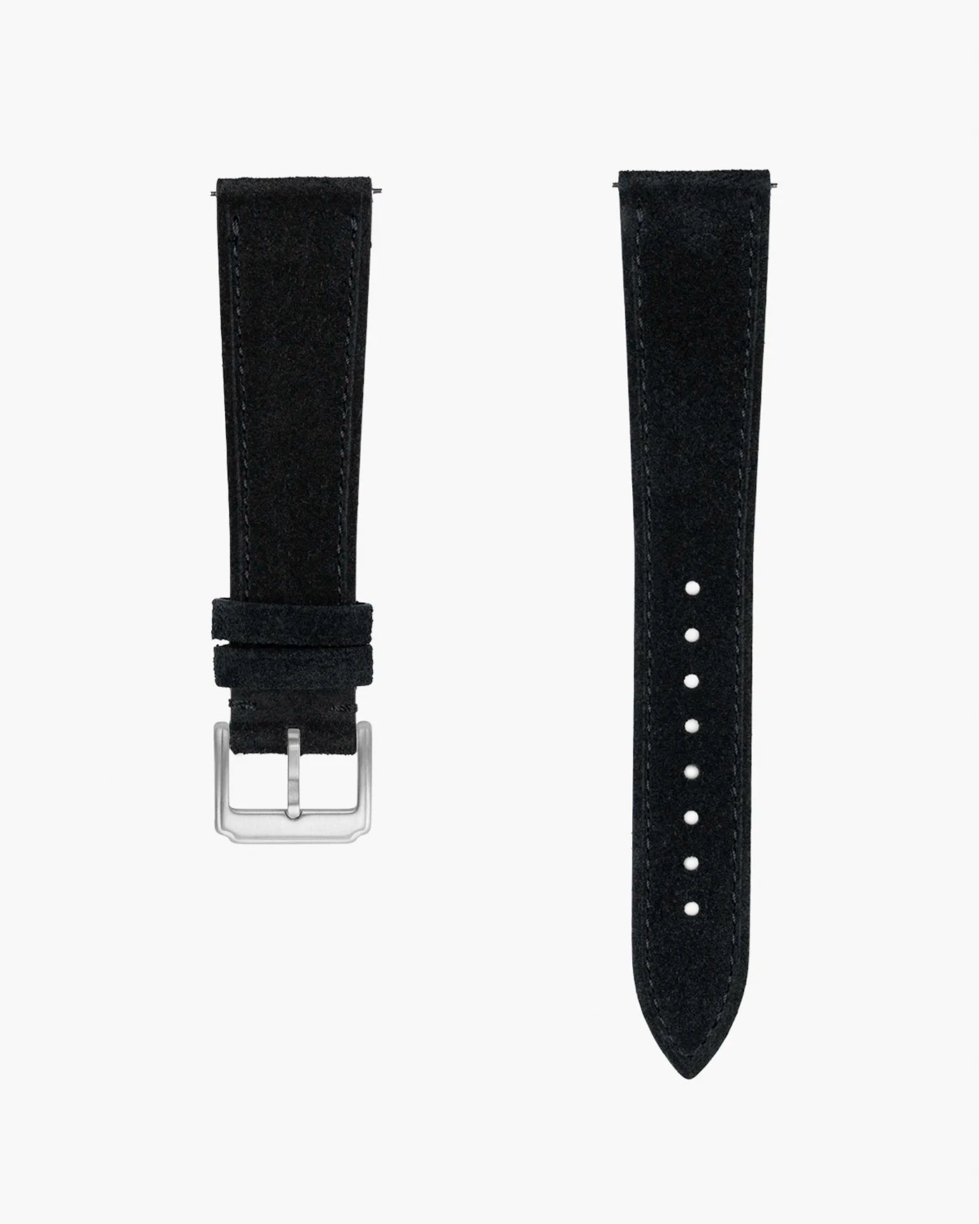 Black suede watch strap with silver buckle on a white background