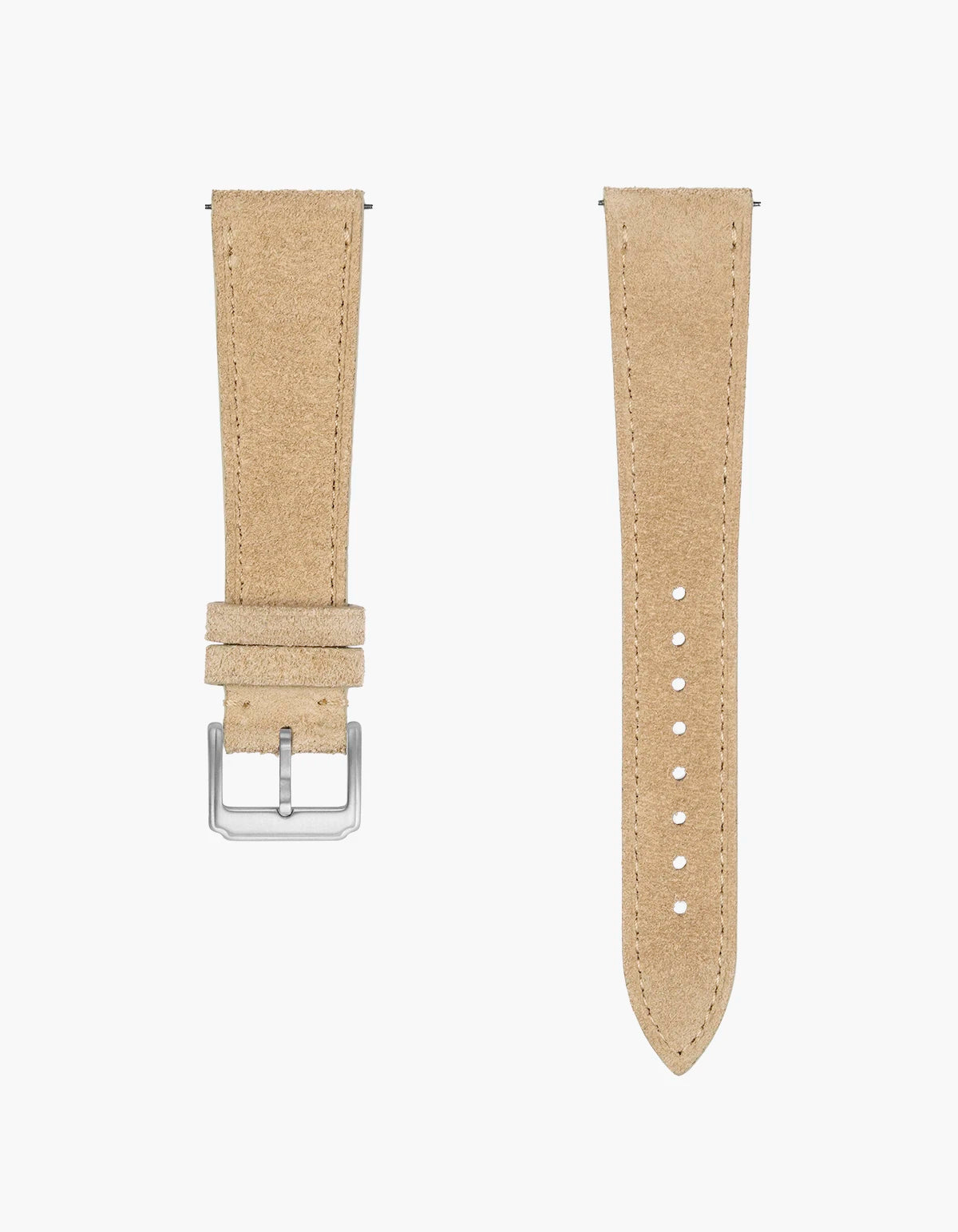beige Suede wristbuddys leather watch strap with silver buckle on a white background