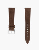 Brown Suede wristbuddys leather watch strap with silver buckle on a white background