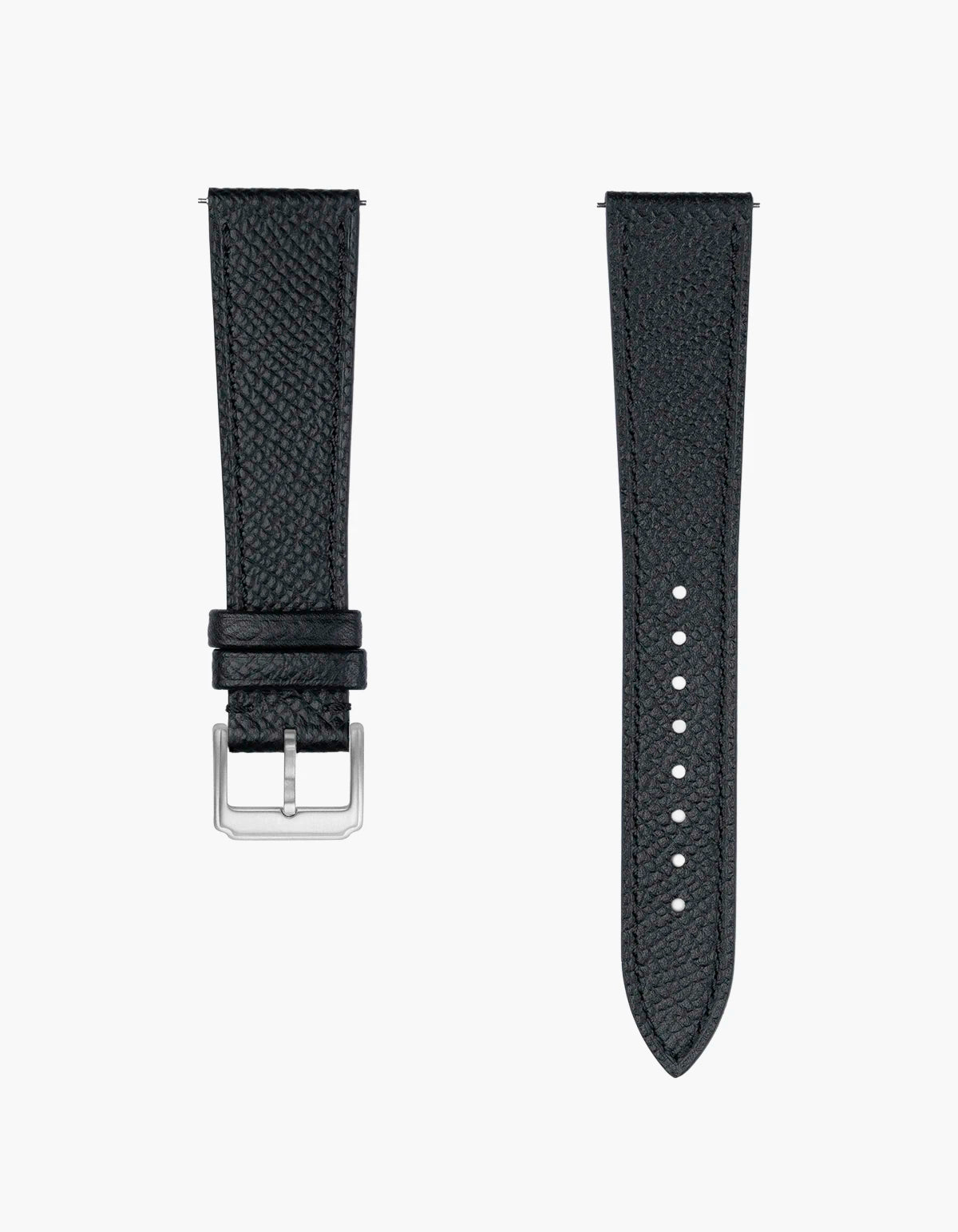 Black Epsom Leather watch strap from Wristbuddys with silver clasp on a white background