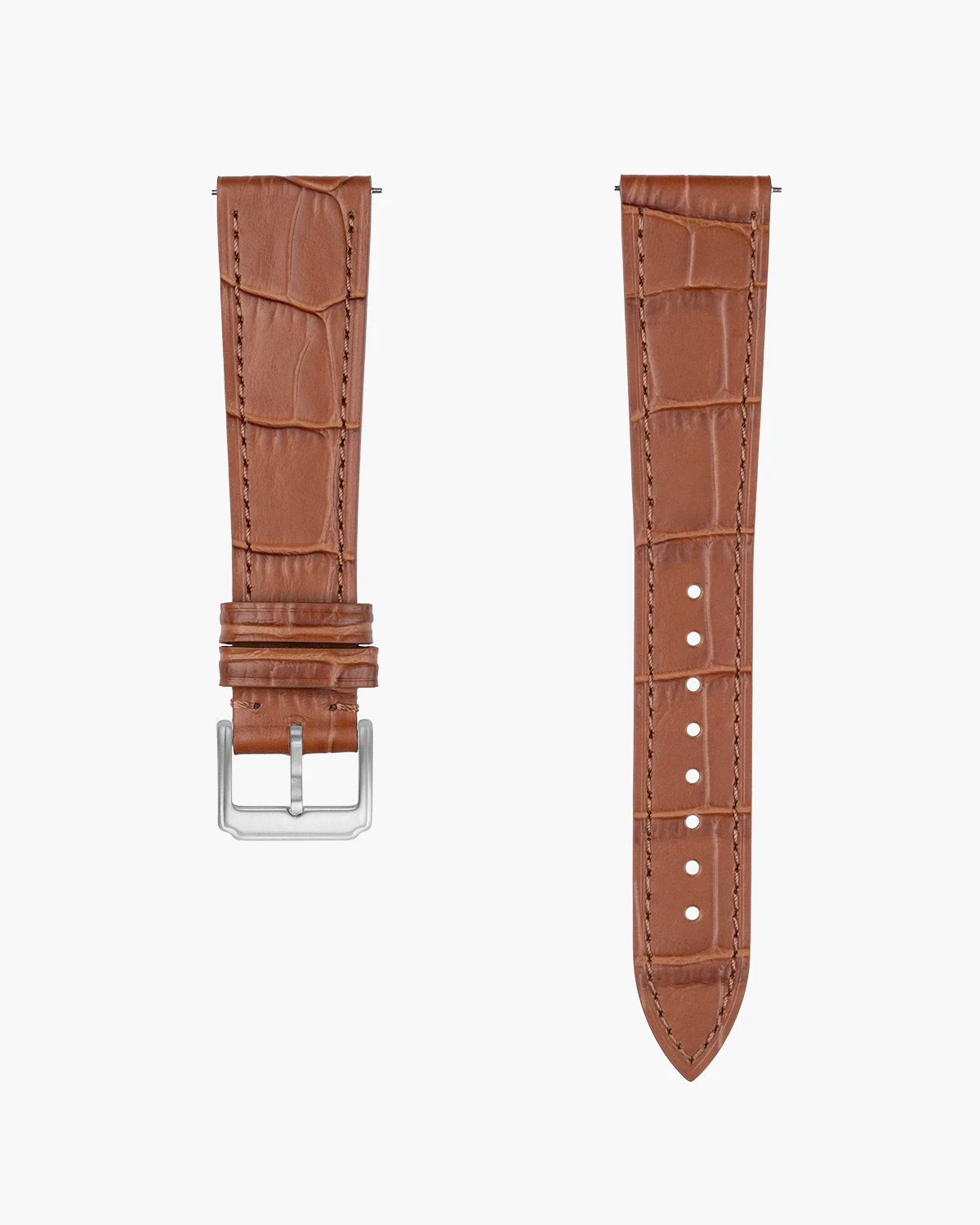 Brown crocodile-patterned watch strap with silver buckle on a white background