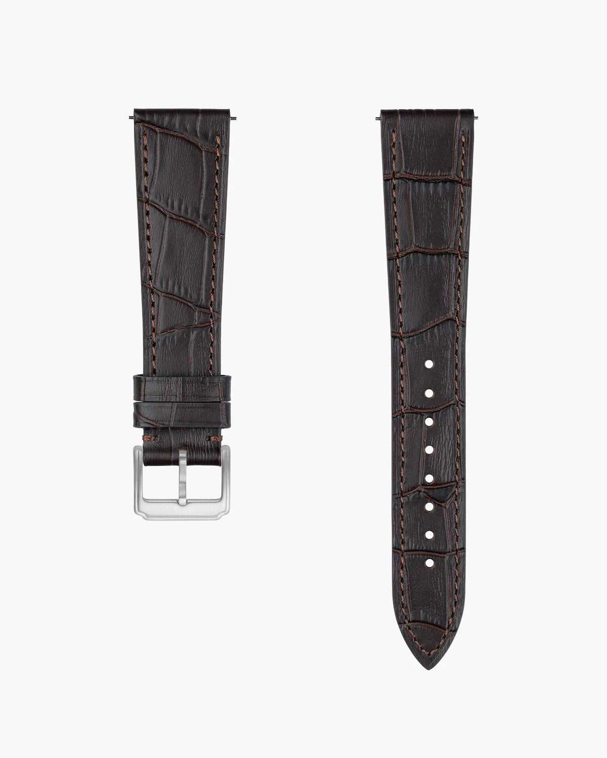 Dark Brown leather watch strap with silver buckle on a white background