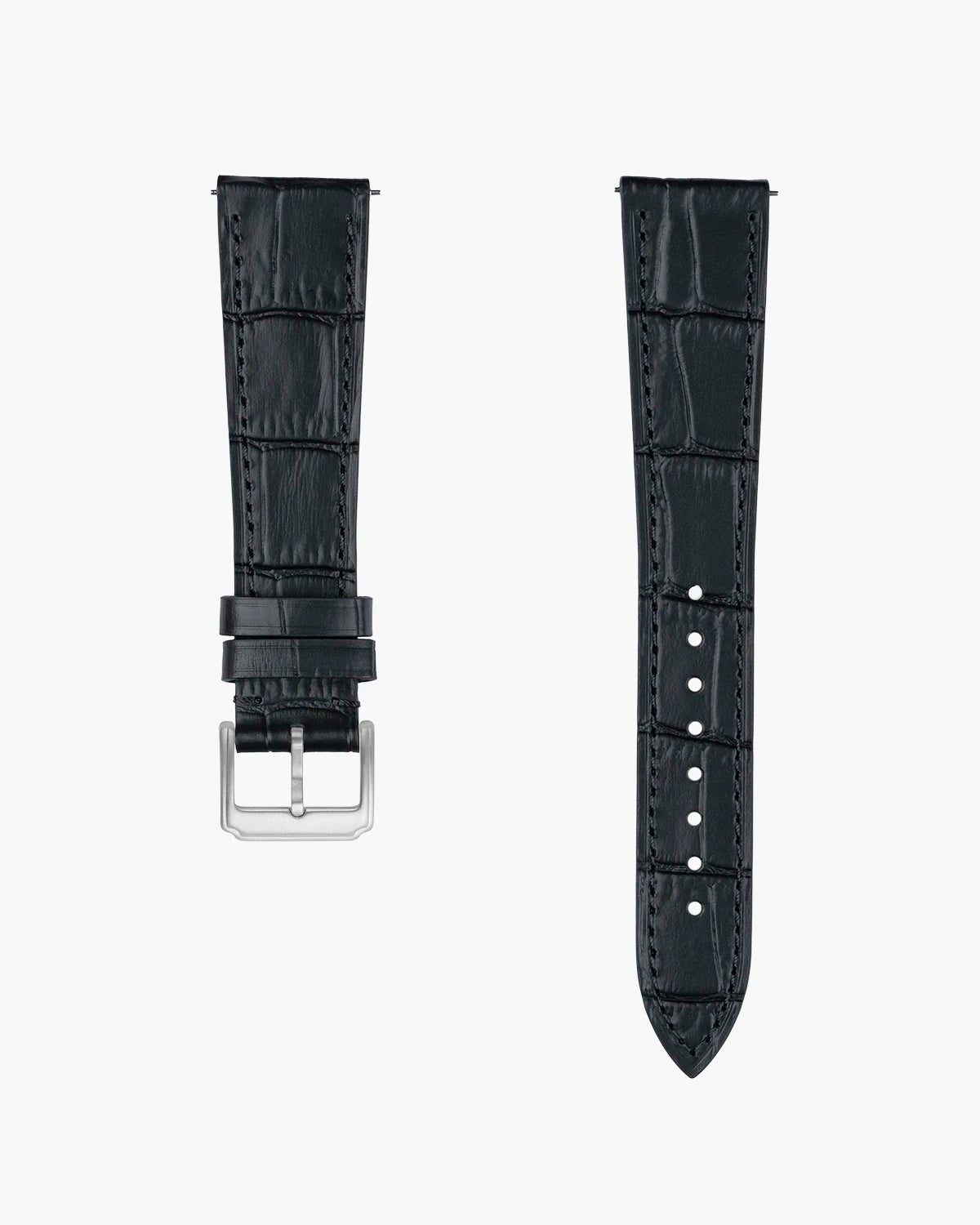 Black crocodile-patterned watch strap with silver buckle on a white background