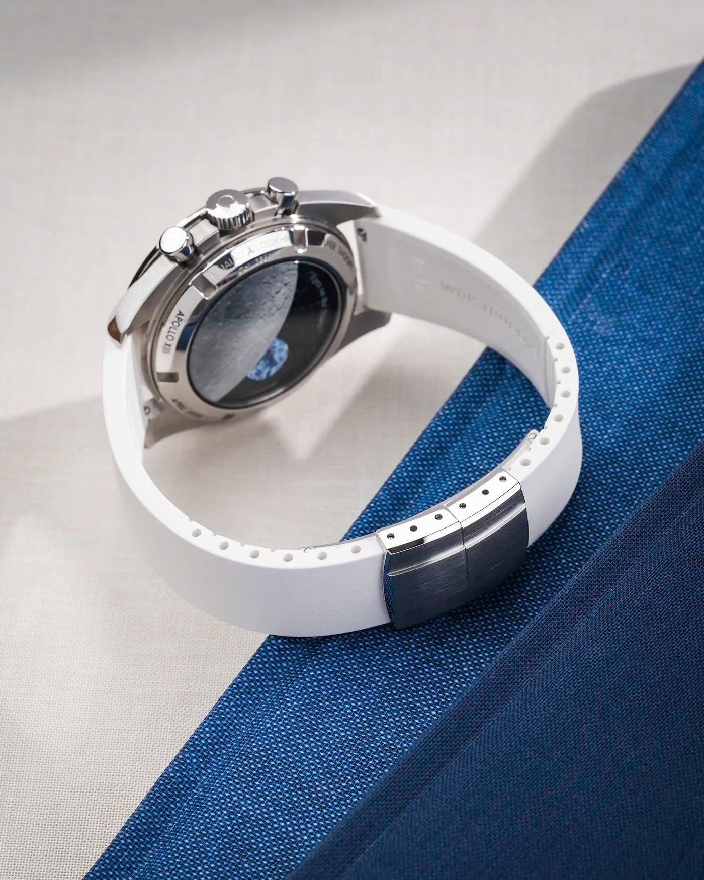 Back of a white CTS FKM Rubber Strap 19-22mm showing the strap with the clasp closed