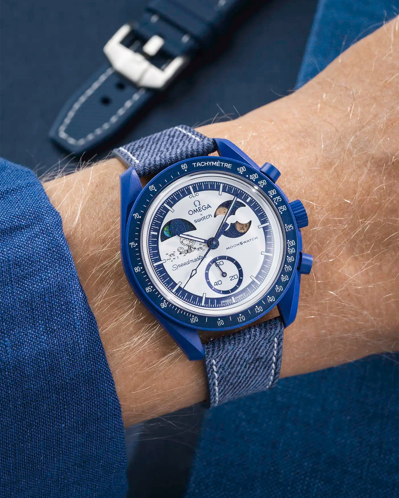 Blue denim leather Straps for MoonSwatch Mission To Earthphase - Moonshine Gold - wrist shot