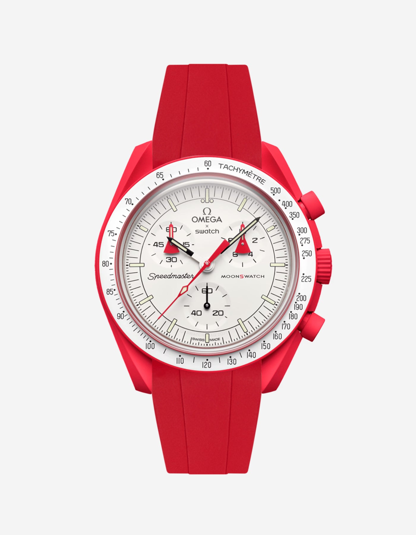 Red watch with a white face on a light gray background