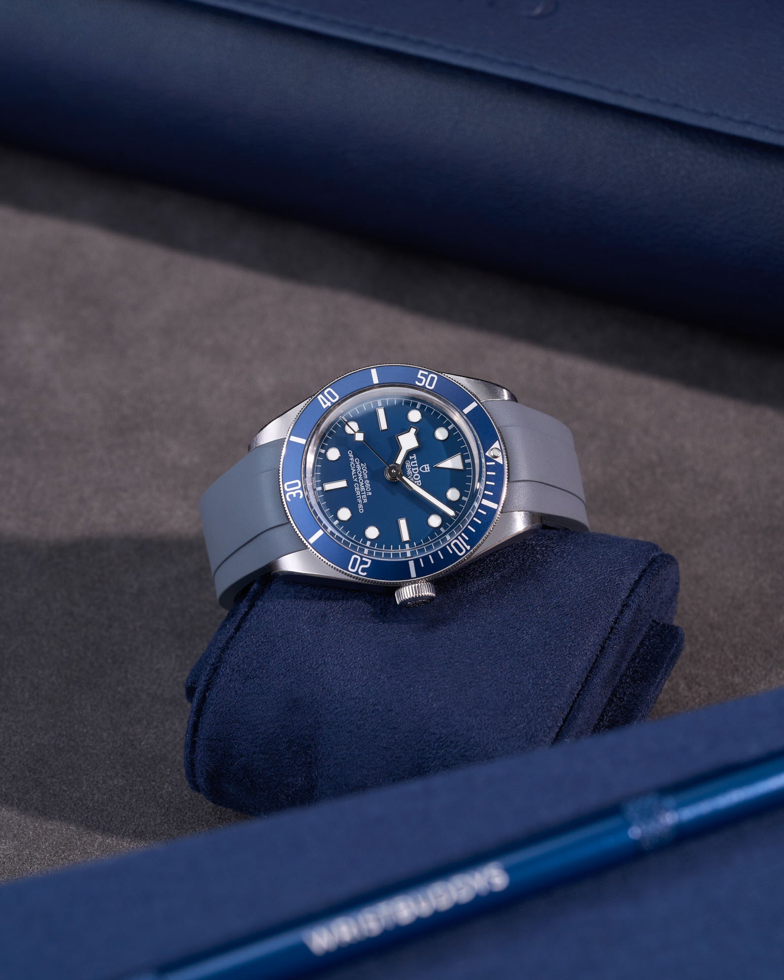 Tudor Black Bay 58 with grey FKM rubber strap attached, lying flat on blue cushion with matching accessories