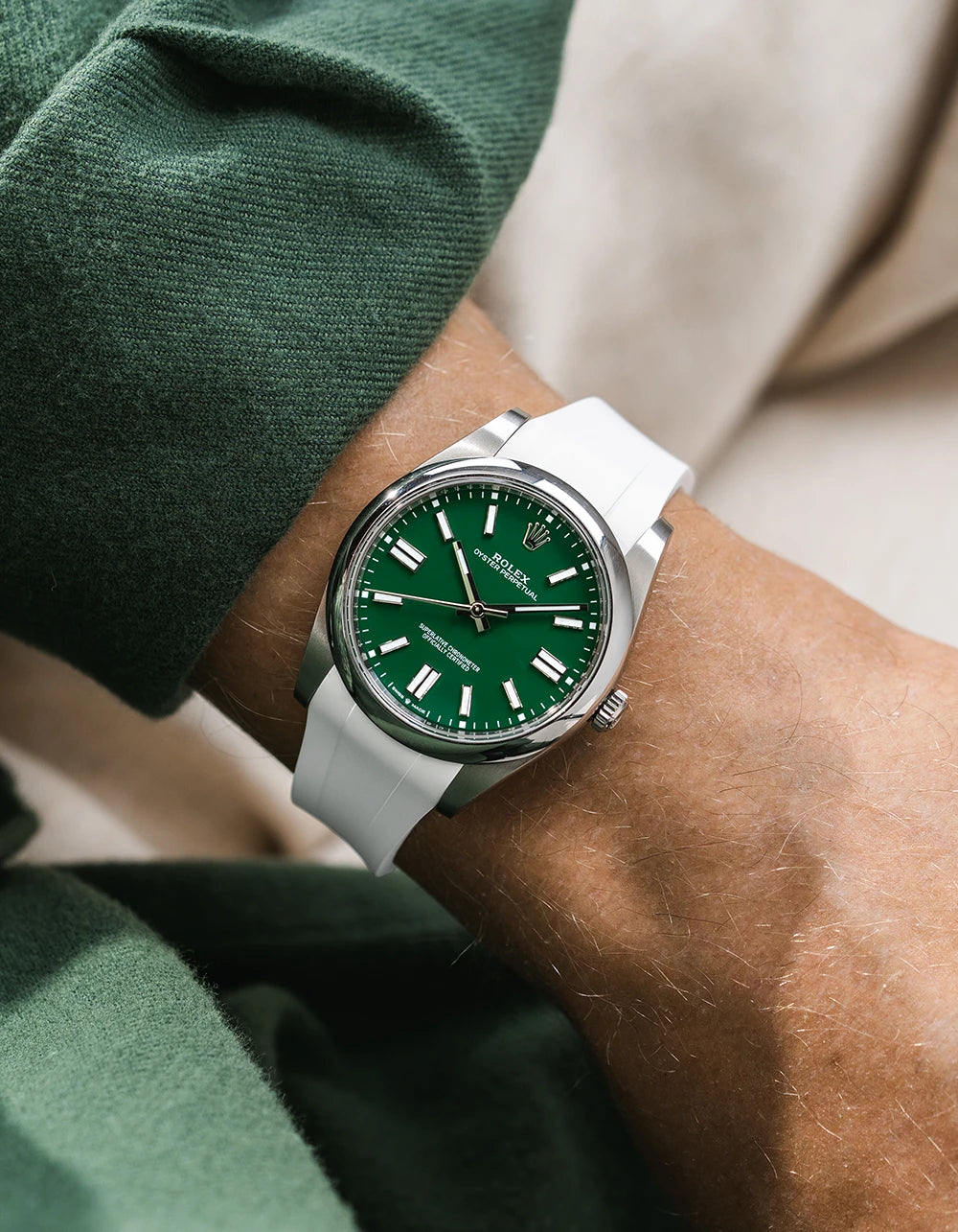 White integrated FKM rubber strap with original clasp on Rolex Oyster Perpetual 41 124300 green dial wrist shot