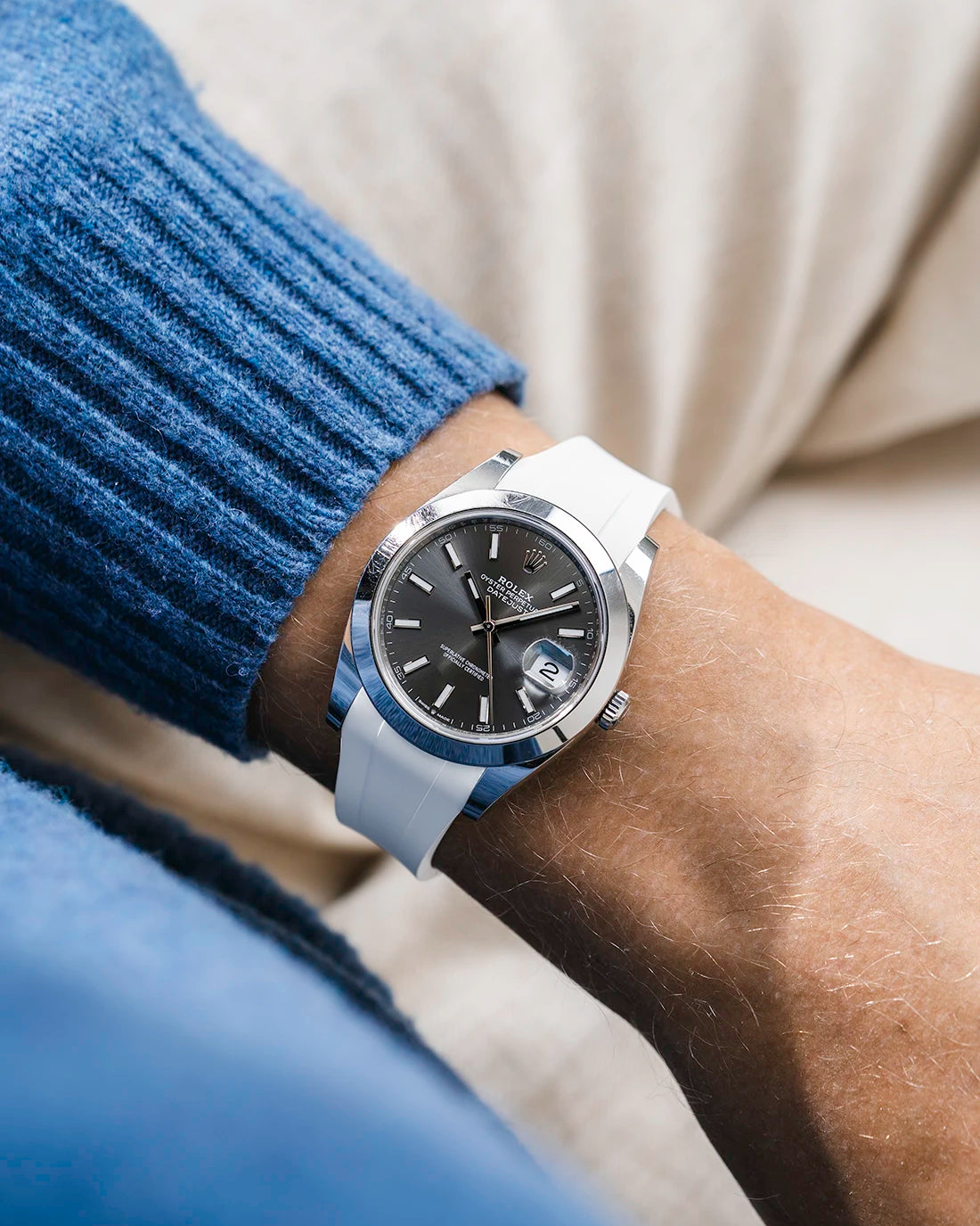 White integrated FKM rubber strap with original clasp on Rolex Datejust 41 126300 smooth bezel grey dial wrist shot